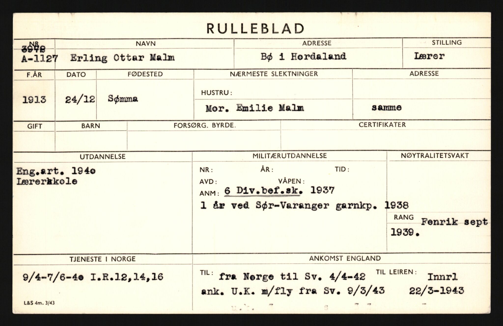 Forsvaret, Sør-Hålogaland landforsvar, AV/RA-RAFA-2552/P/Pa/L0302: Personellmapper for slettet personell, yrkesbefal og vernepliktig befal, født 1913-1916, 1932-1976, p. 109