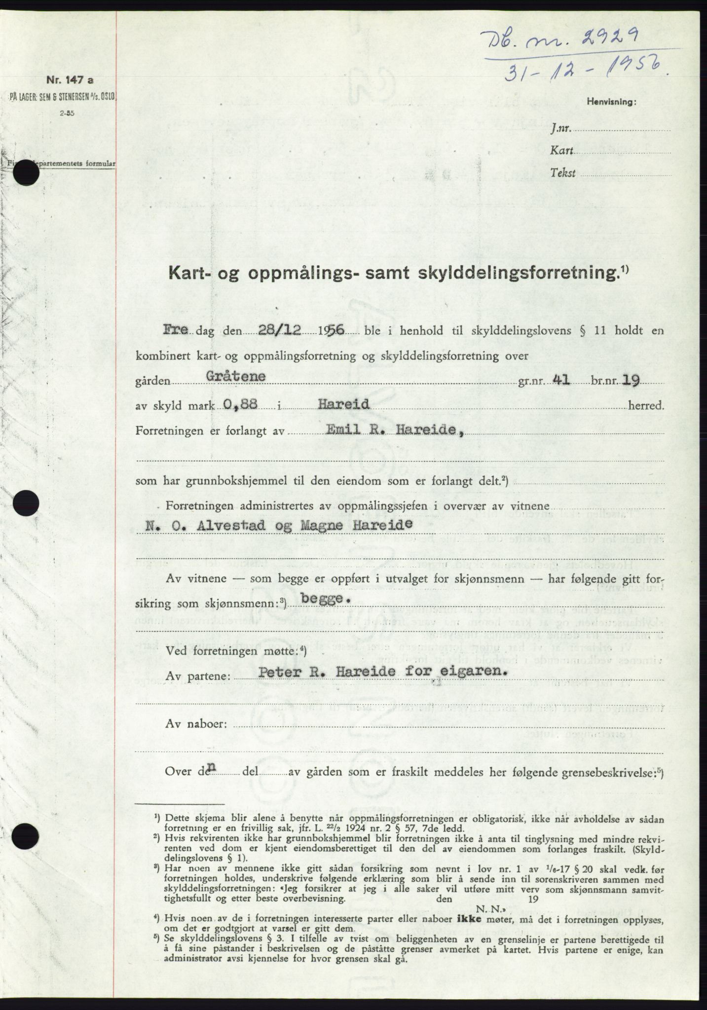 Søre Sunnmøre sorenskriveri, AV/SAT-A-4122/1/2/2C/L0105: Mortgage book no. 31A, 1956-1957, Diary no: : 2929/1956