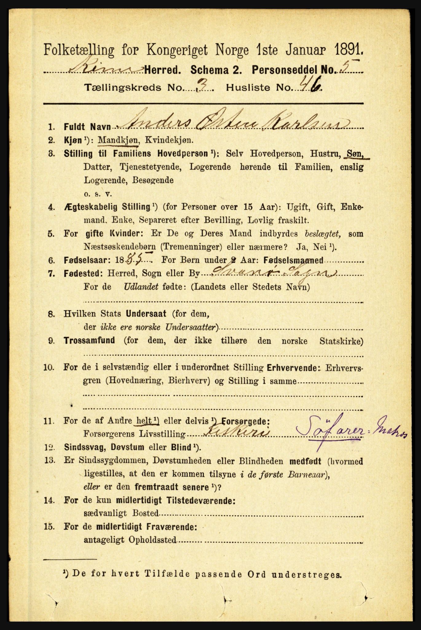 RA, 1891 census for 1437 Kinn, 1891, p. 1247