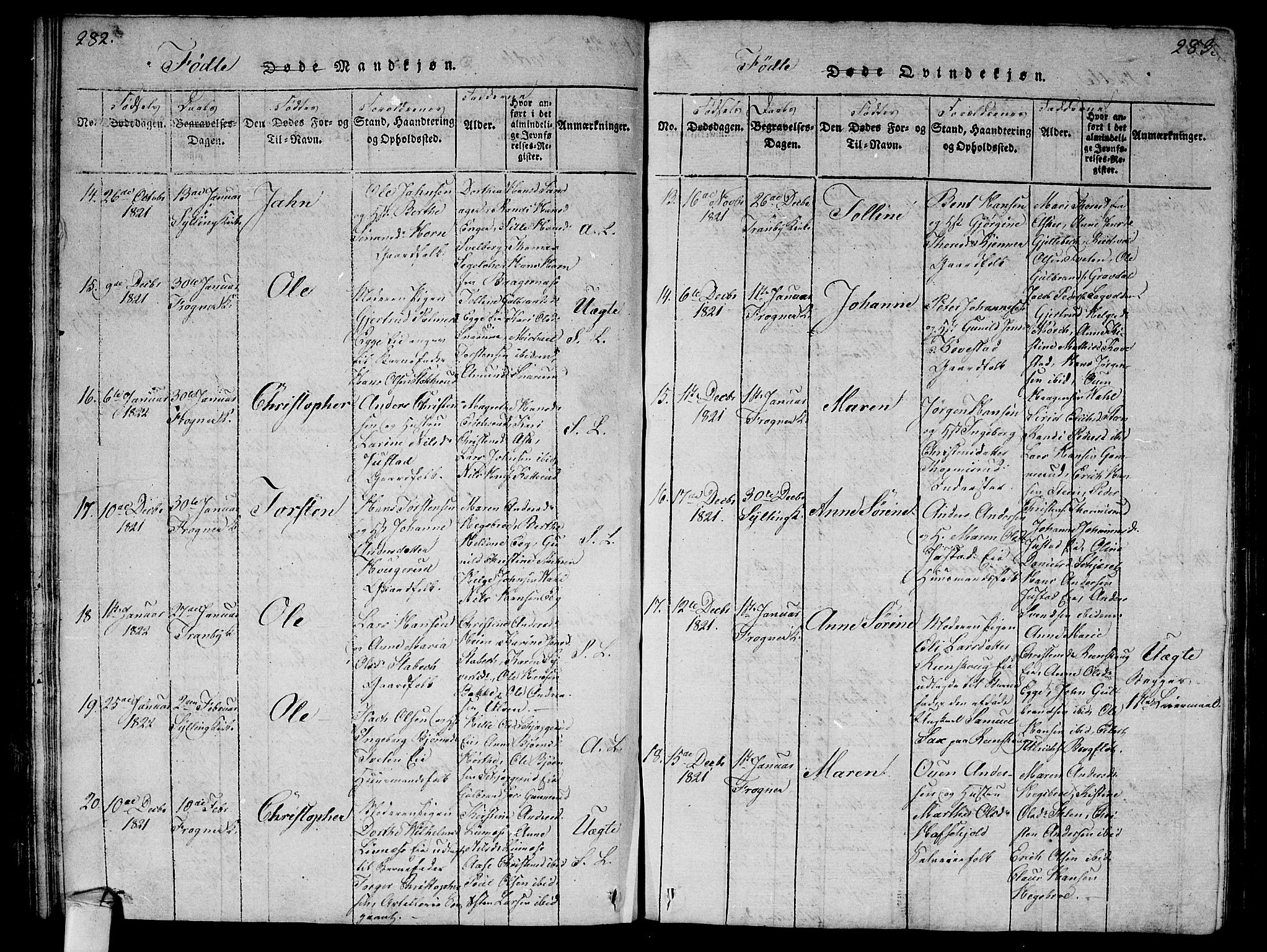 Lier kirkebøker, AV/SAKO-A-230/G/Ga/L0001: Parish register (copy) no. I 1, 1813-1824, p. 282-283