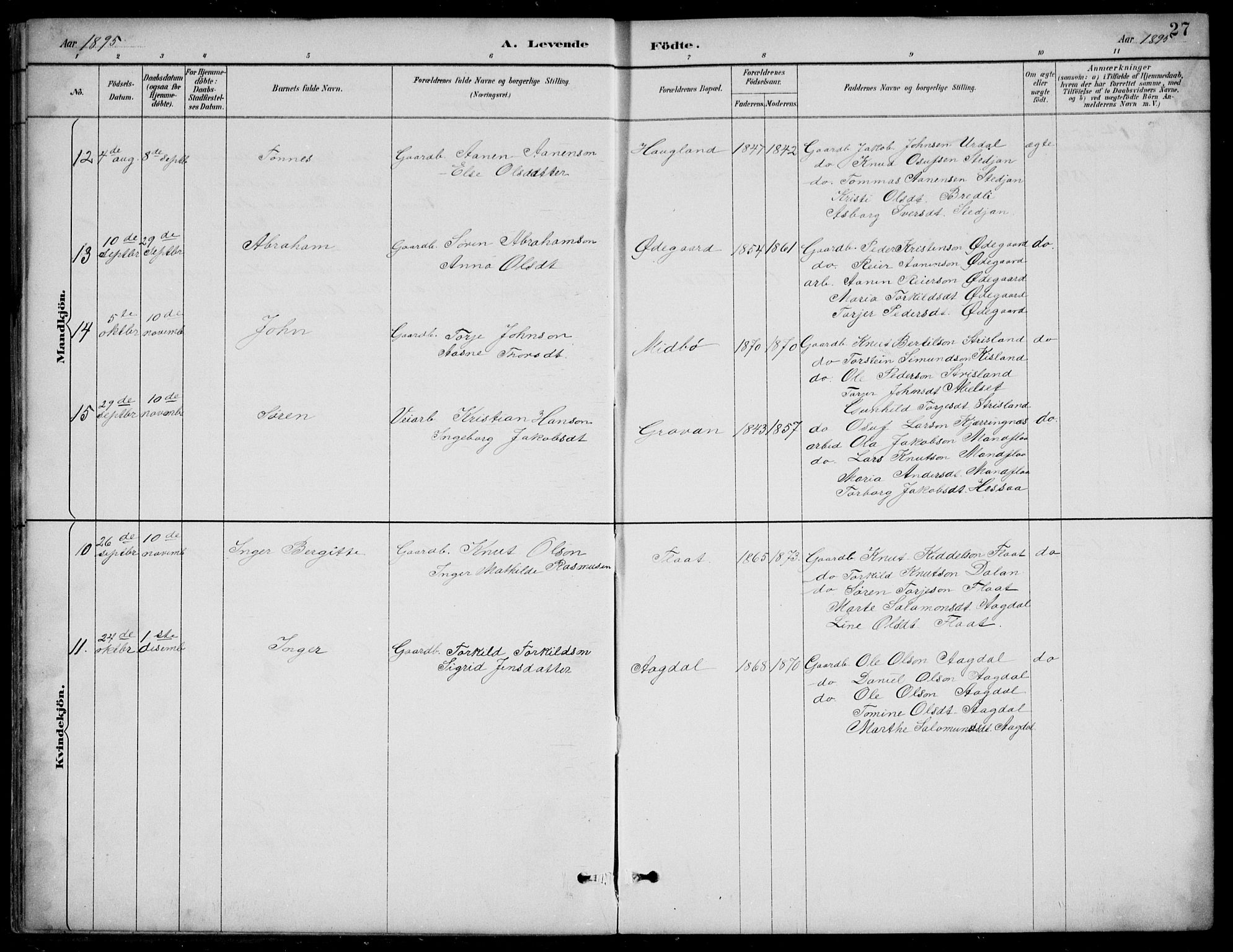 Bjelland sokneprestkontor, AV/SAK-1111-0005/F/Fb/Fba/L0005: Parish register (copy) no. B 5, 1887-1923, p. 27