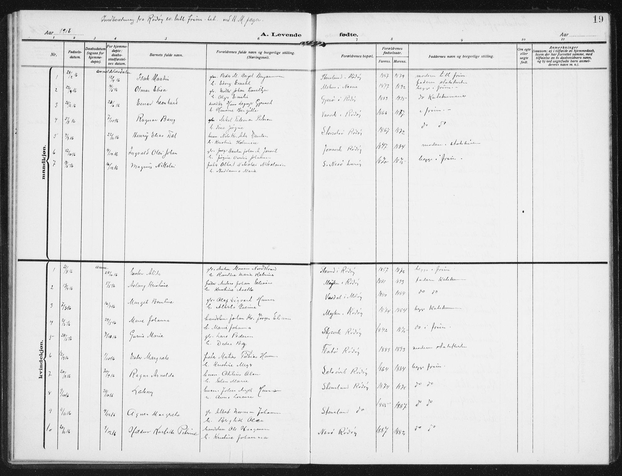 Ministerialprotokoller, klokkerbøker og fødselsregistre - Nordland, SAT/A-1459/843/L0629: Parish register (official) no. 843A04, 1907-1925, p. 19