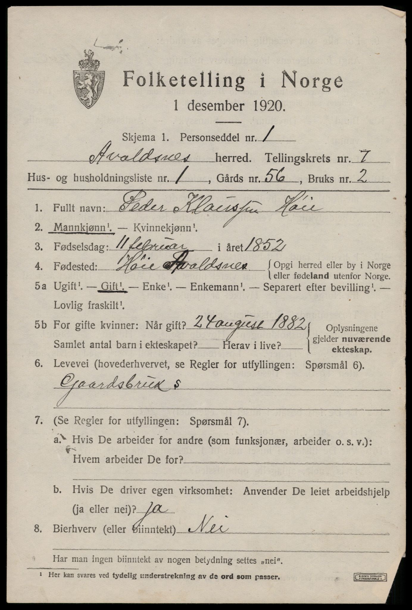 SAST, 1920 census for Avaldsnes, 1920, p. 5875