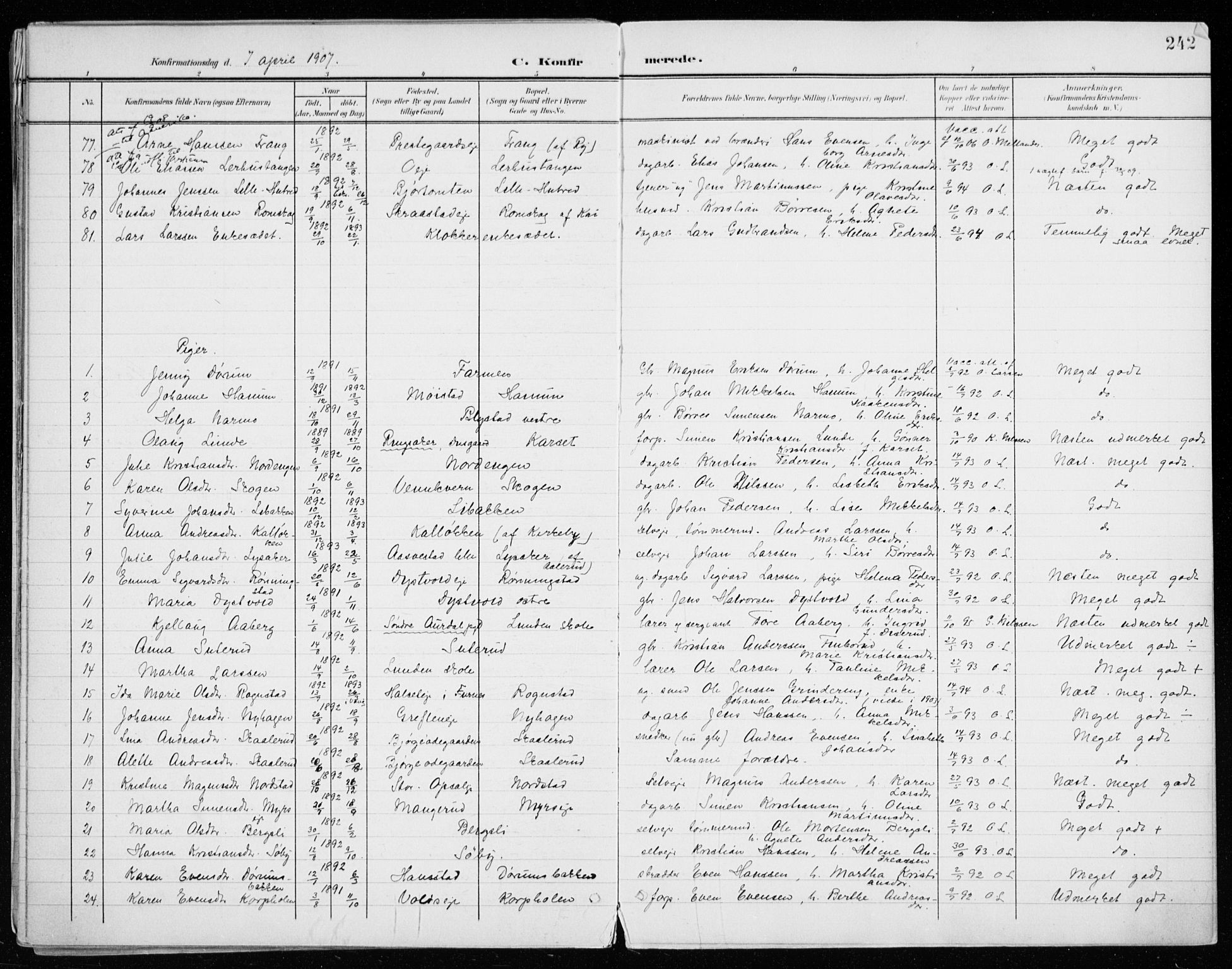 Vang prestekontor, Hedmark, AV/SAH-PREST-008/H/Ha/Haa/L0021: Parish register (official) no. 21, 1902-1917, p. 242