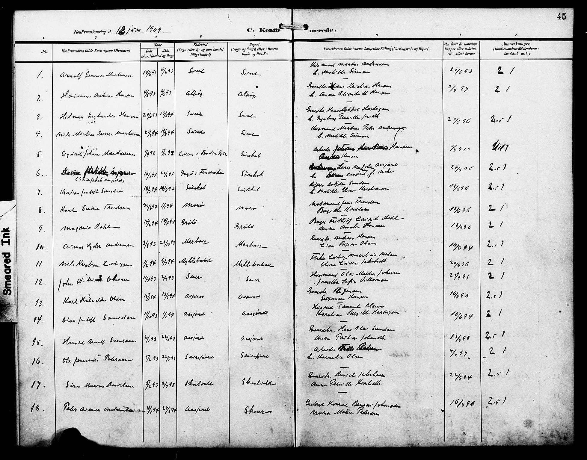 Ministerialprotokoller, klokkerbøker og fødselsregistre - Nordland, SAT/A-1459/857/L0829: Parish register (copy) no. 857C04, 1906-1916, p. 45