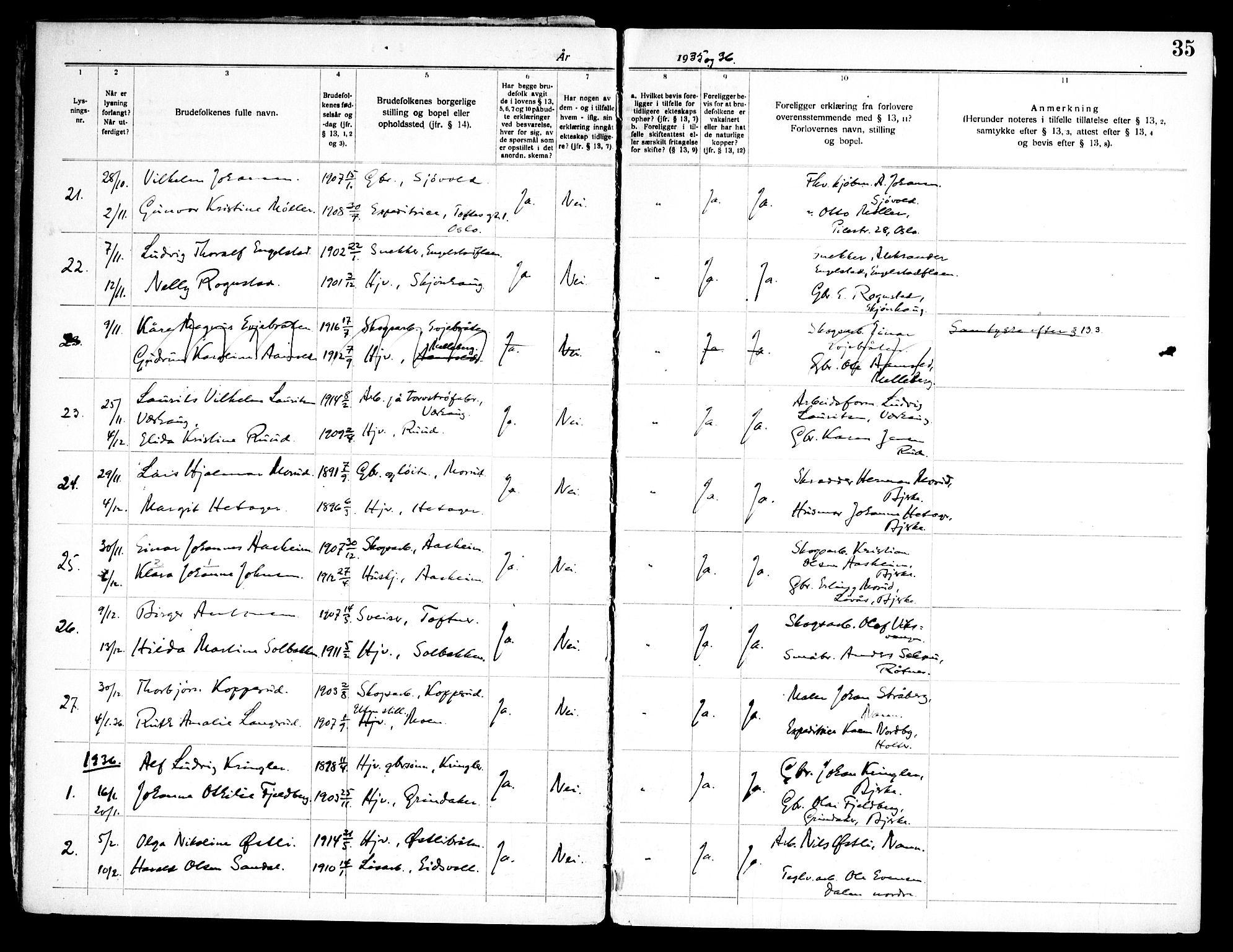 Nannestad prestekontor Kirkebøker, SAO/A-10414a/H/Ha/L0003: Banns register no. I 3, 1919-1958, p. 35