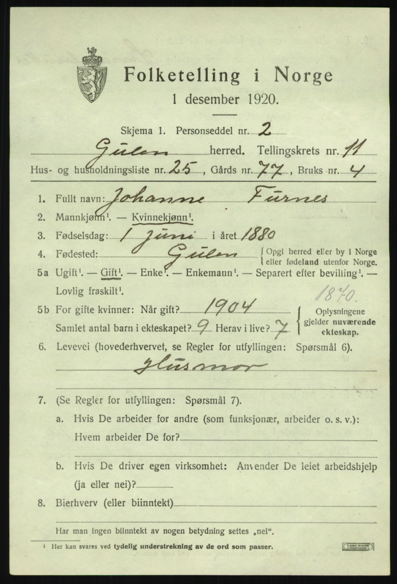 SAB, 1920 census for Gulen, 1920, p. 5243