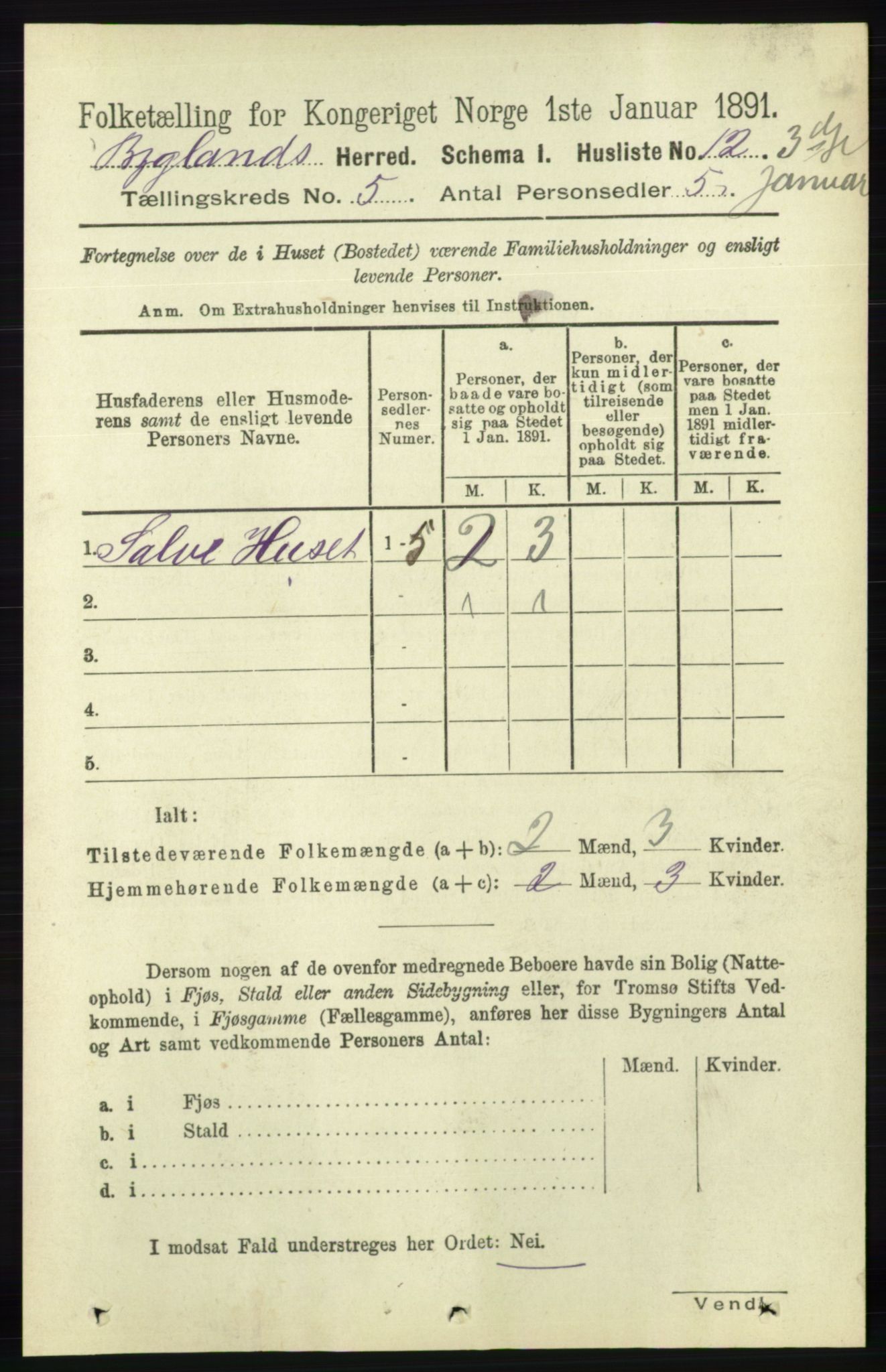 RA, 1891 census for 0938 Bygland, 1891, p. 1009