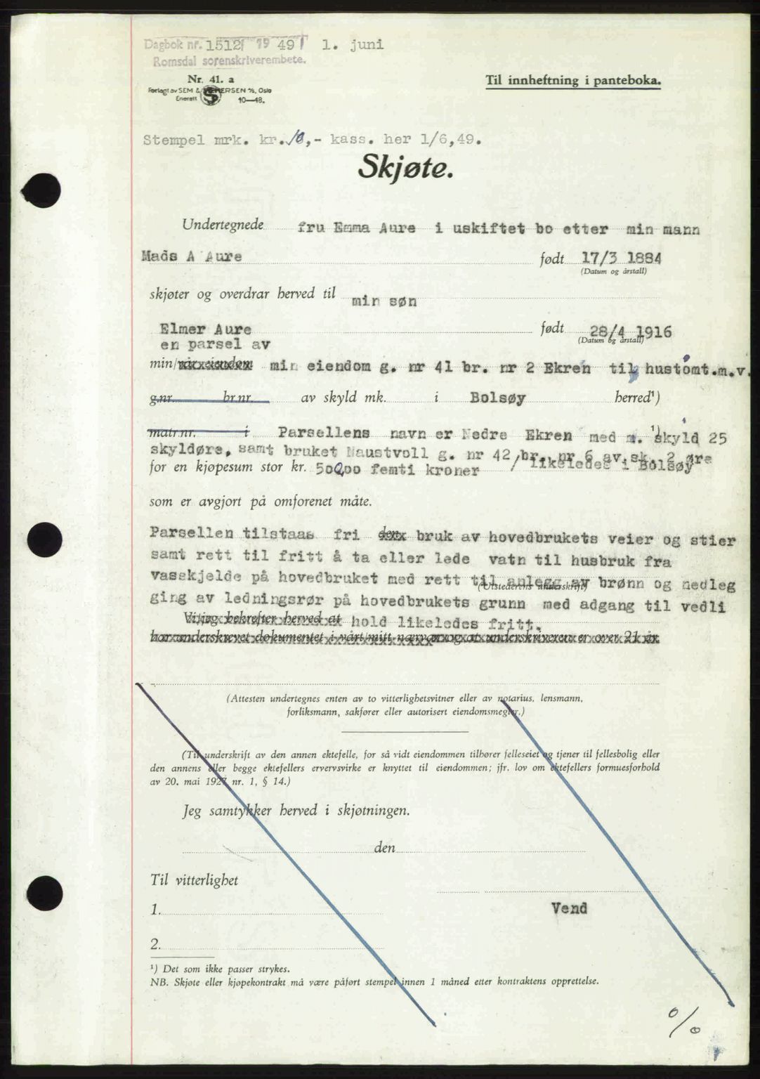 Romsdal sorenskriveri, AV/SAT-A-4149/1/2/2C: Mortgage book no. A29, 1949-1949, Diary no: : 1512/1949