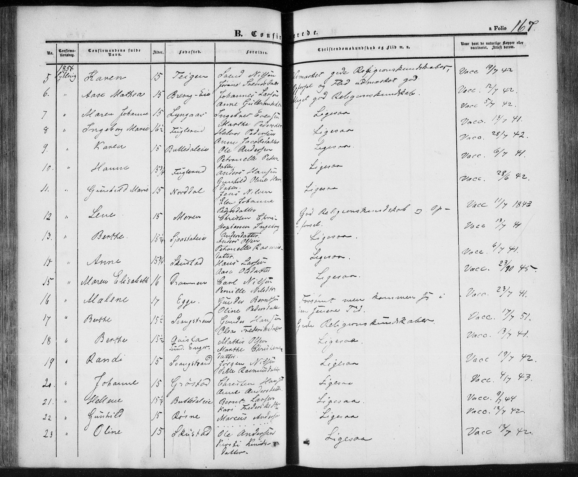 Lier kirkebøker, SAKO/A-230/F/Fa/L0012: Parish register (official) no. I 12, 1854-1864, p. 167