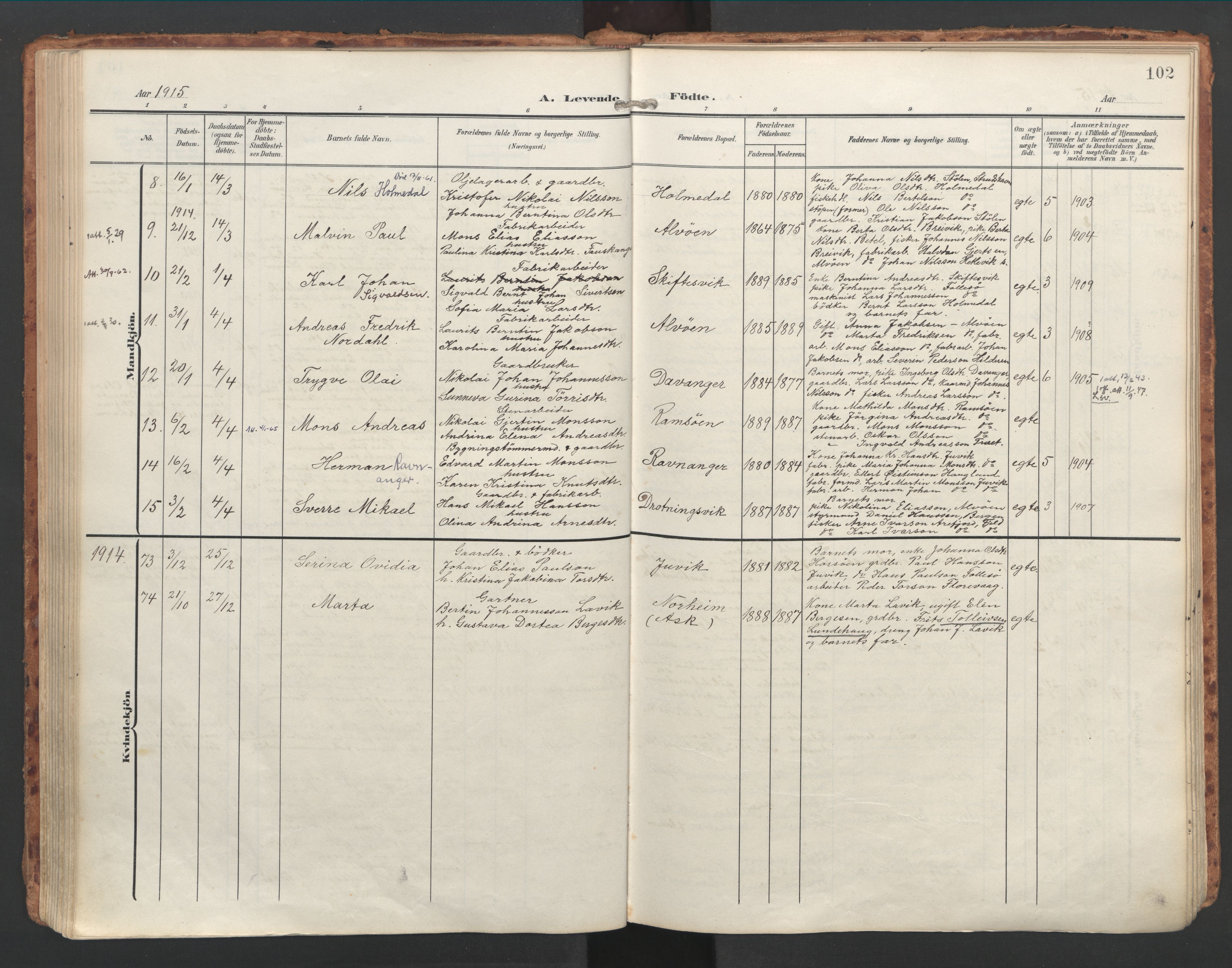 Askøy Sokneprestembete, AV/SAB-A-74101/H/Ha/Haa/Haac/L0002: Parish register (official) no. C 2, 1905-1922, p. 102