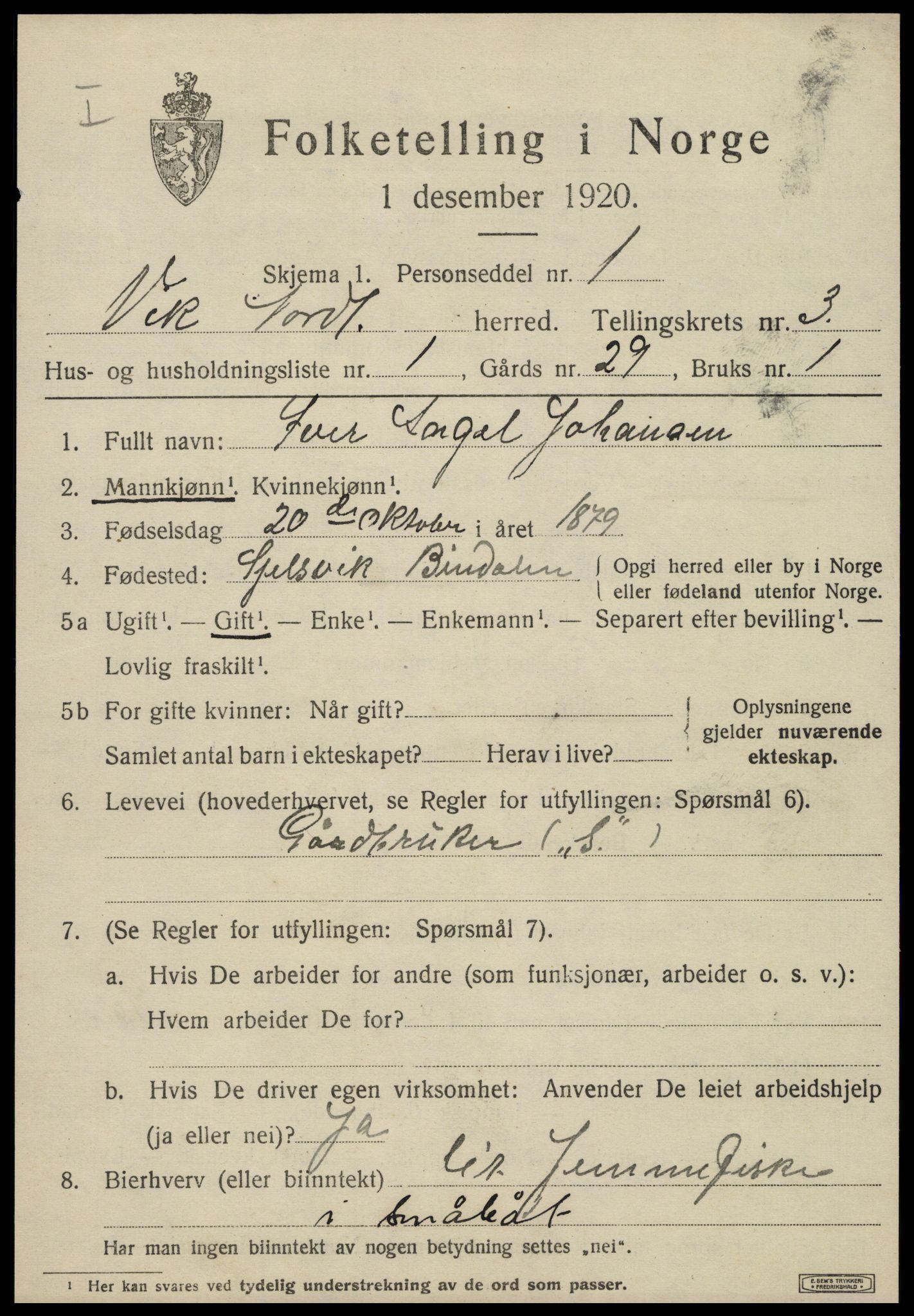 SAT, 1920 census for Vik, 1920, p. 1445