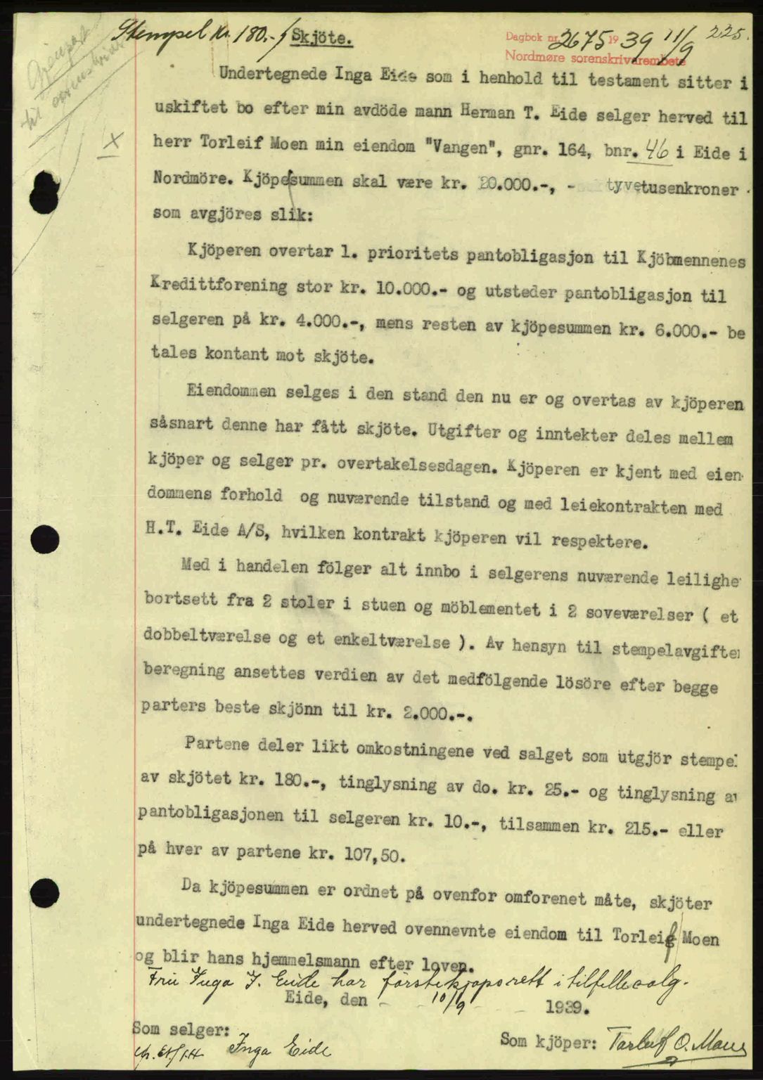 Nordmøre sorenskriveri, AV/SAT-A-4132/1/2/2Ca: Mortgage book no. A87, 1939-1940, Diary no: : 2675/1939