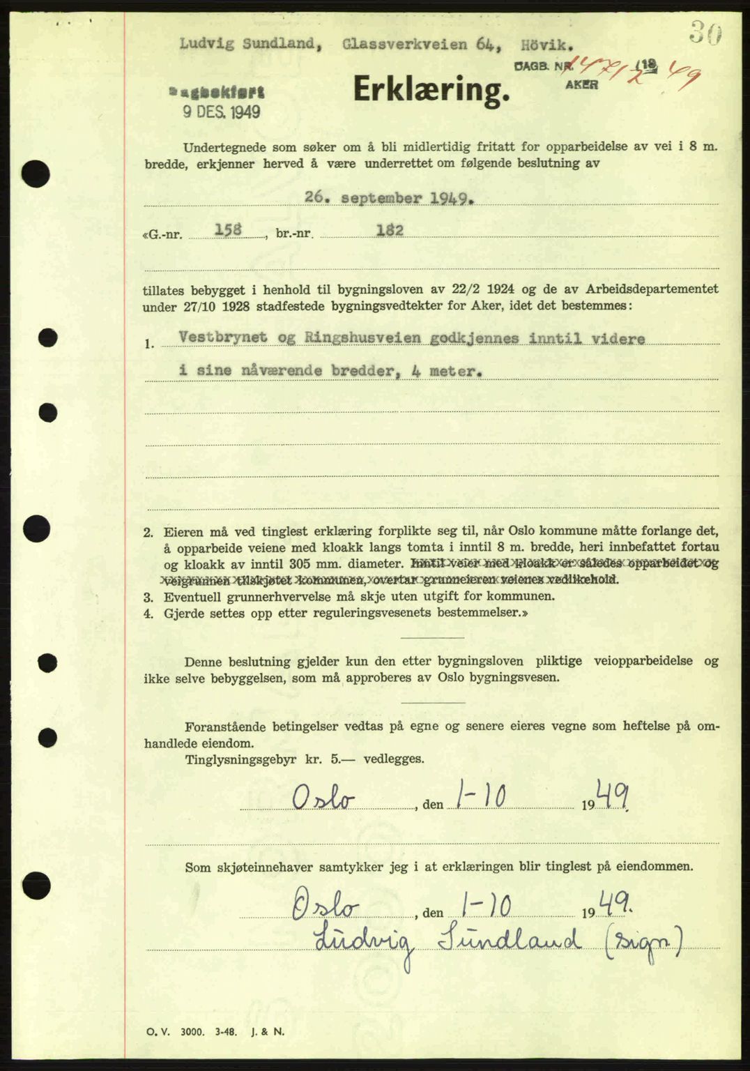 Oslo byskriverembete, AV/SAO-A-10227/G/Gb/Gbd/Gbda/L0017: Mortgage book no. A215, 1949-1950, Diary no: : 14712/1949
