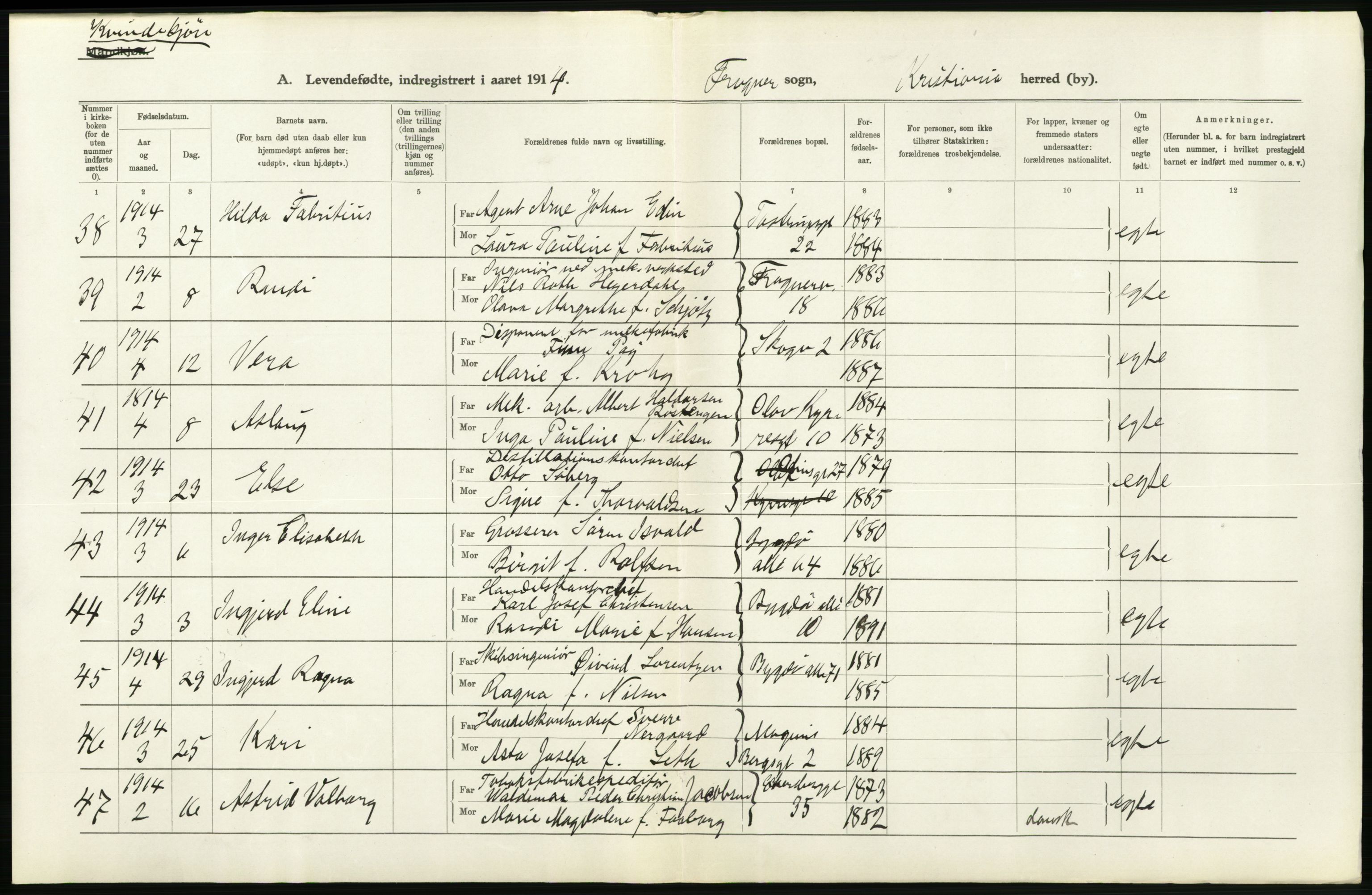 Statistisk sentralbyrå, Sosiodemografiske emner, Befolkning, AV/RA-S-2228/D/Df/Dfb/Dfbd/L0006: Kristiania: Levendefødte menn og kvinner., 1914, p. 196