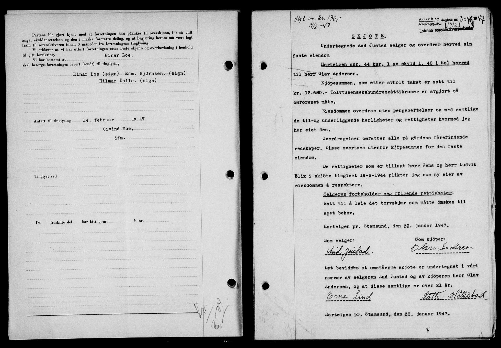 Lofoten sorenskriveri, SAT/A-0017/1/2/2C/L0015a: Mortgage book no. 15a, 1946-1947, Diary no: : 304/1947