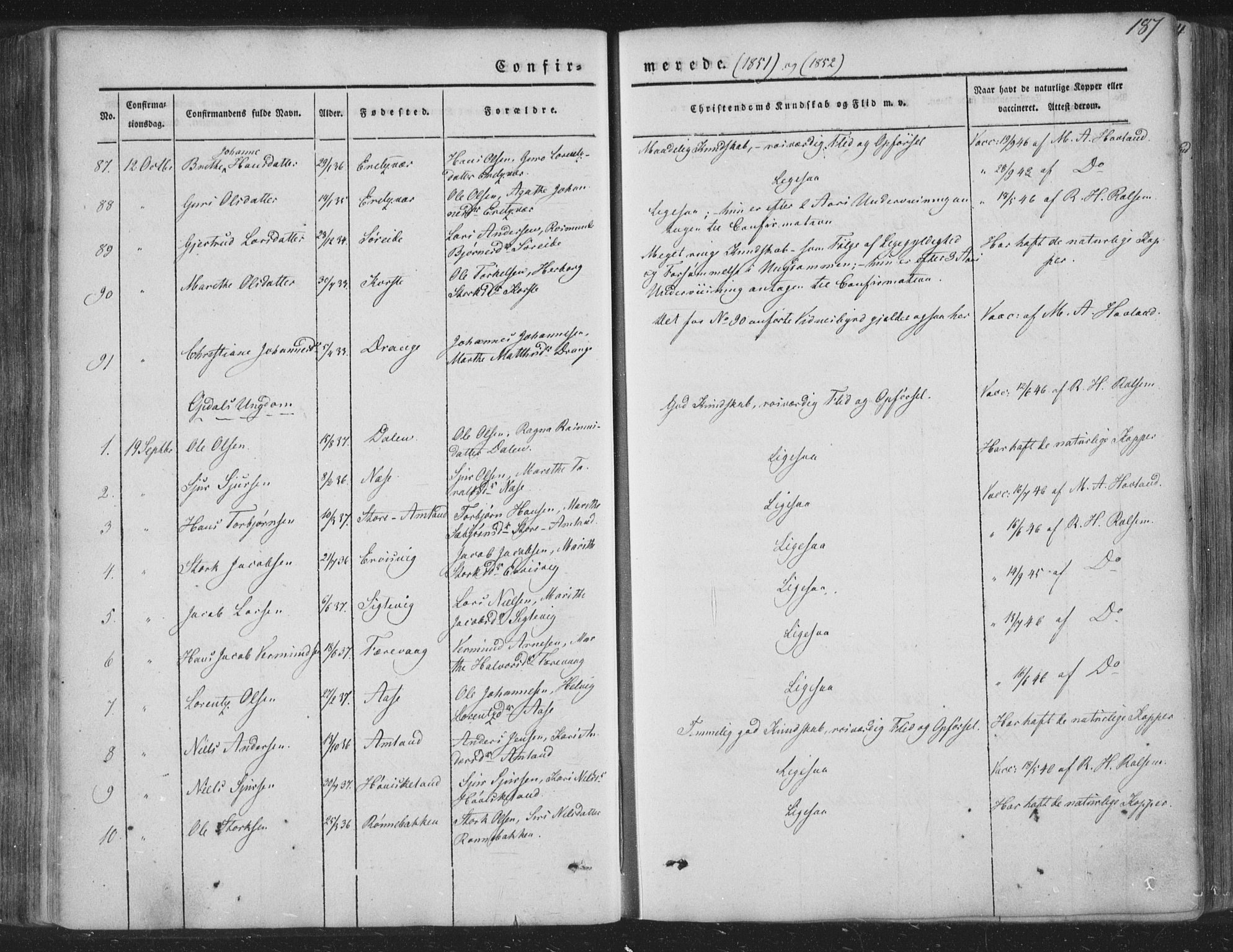 Tysnes sokneprestembete, AV/SAB-A-78601/H/Haa: Parish register (official) no. A 10, 1848-1859, p. 187