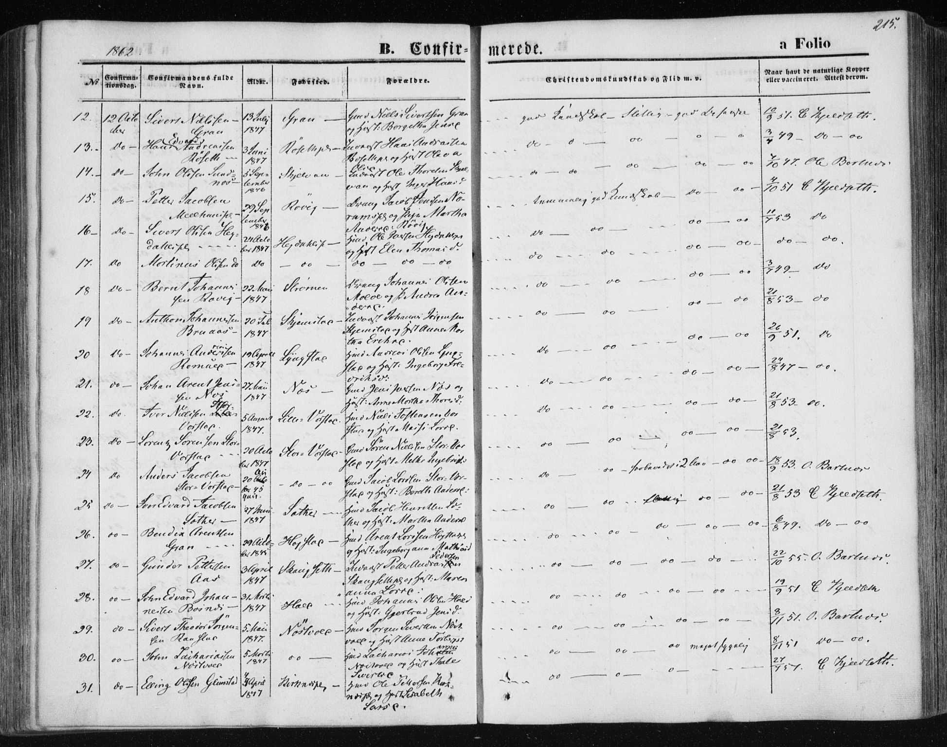 Ministerialprotokoller, klokkerbøker og fødselsregistre - Nord-Trøndelag, AV/SAT-A-1458/730/L0283: Parish register (official) no. 730A08, 1855-1865, p. 215