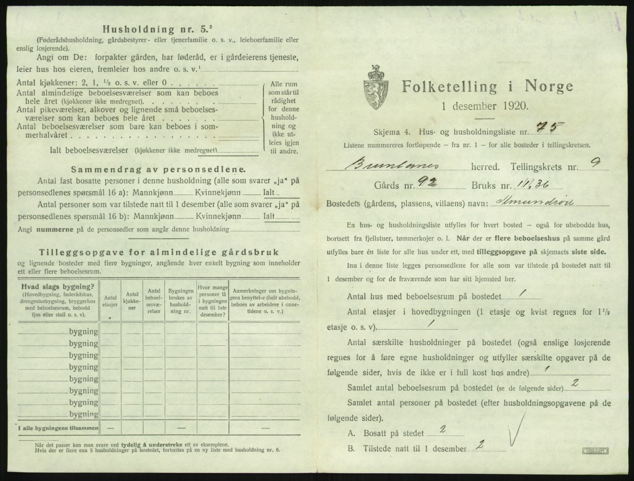 SAKO, 1920 census for Brunlanes, 1920, p. 1229