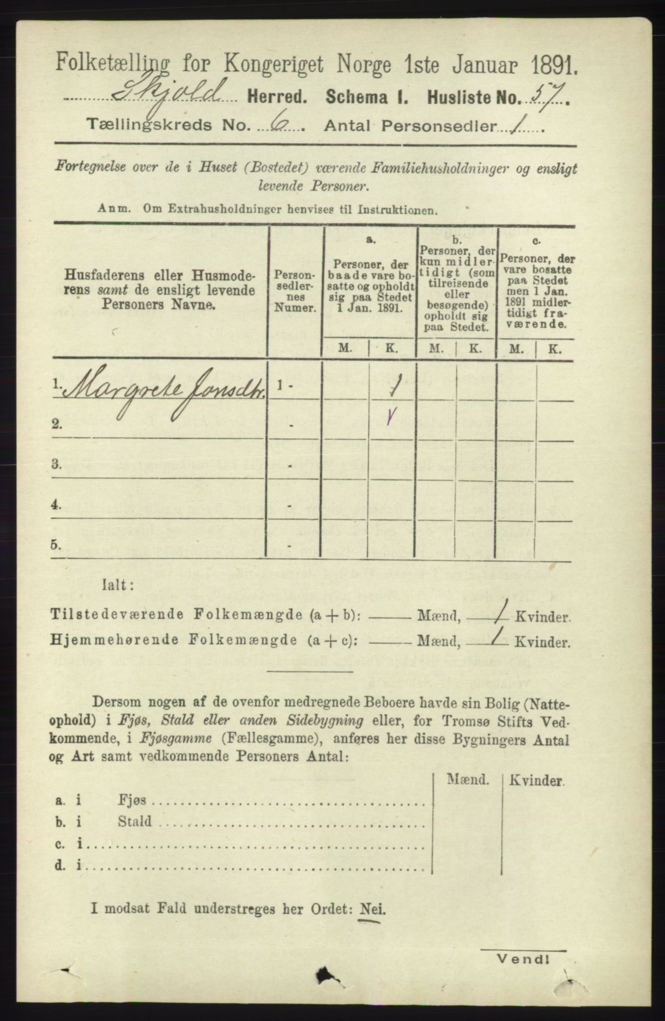 RA, 1891 census for 1154 Skjold, 1891, p. 1006