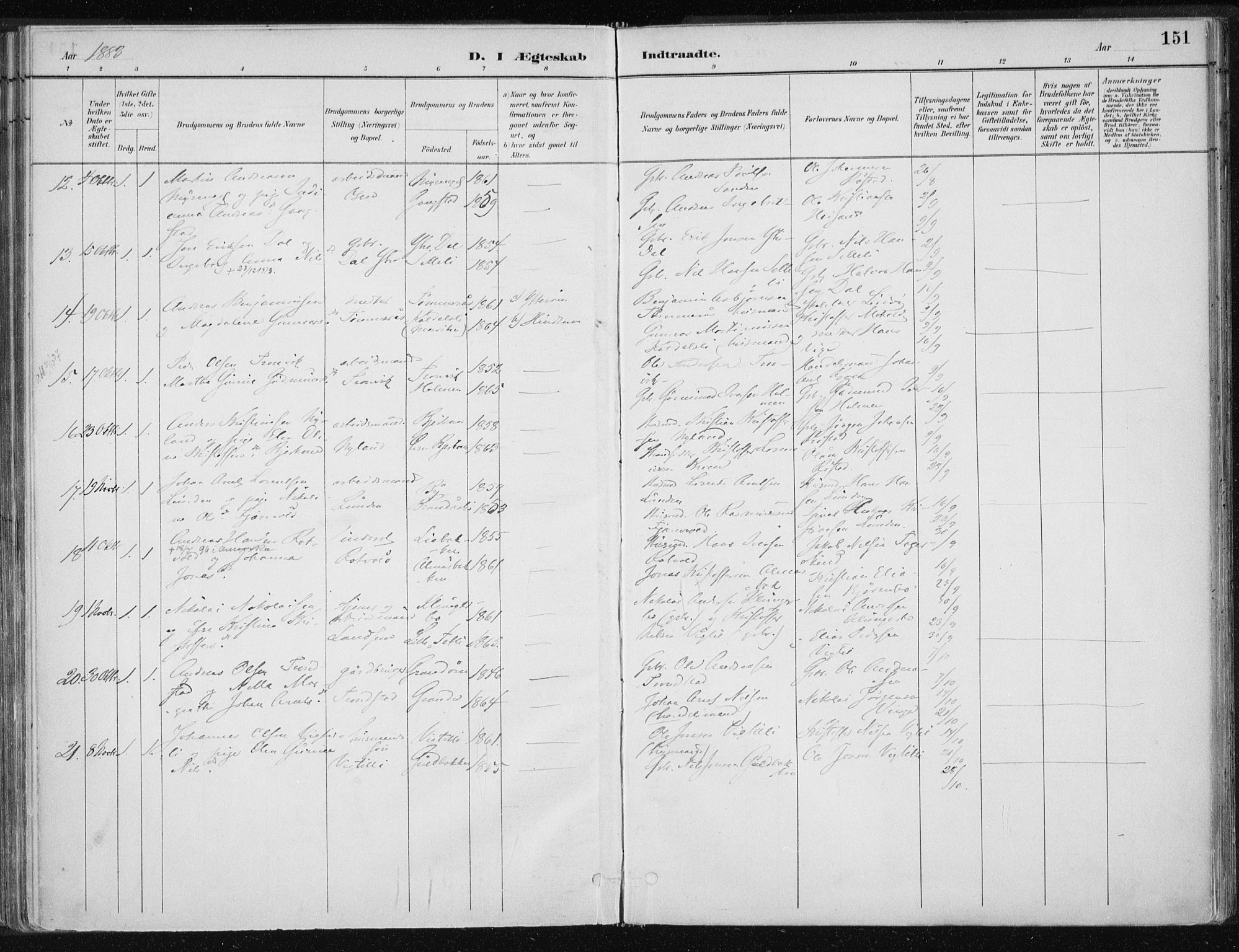 Ministerialprotokoller, klokkerbøker og fødselsregistre - Nord-Trøndelag, SAT/A-1458/701/L0010: Parish register (official) no. 701A10, 1883-1899, p. 151