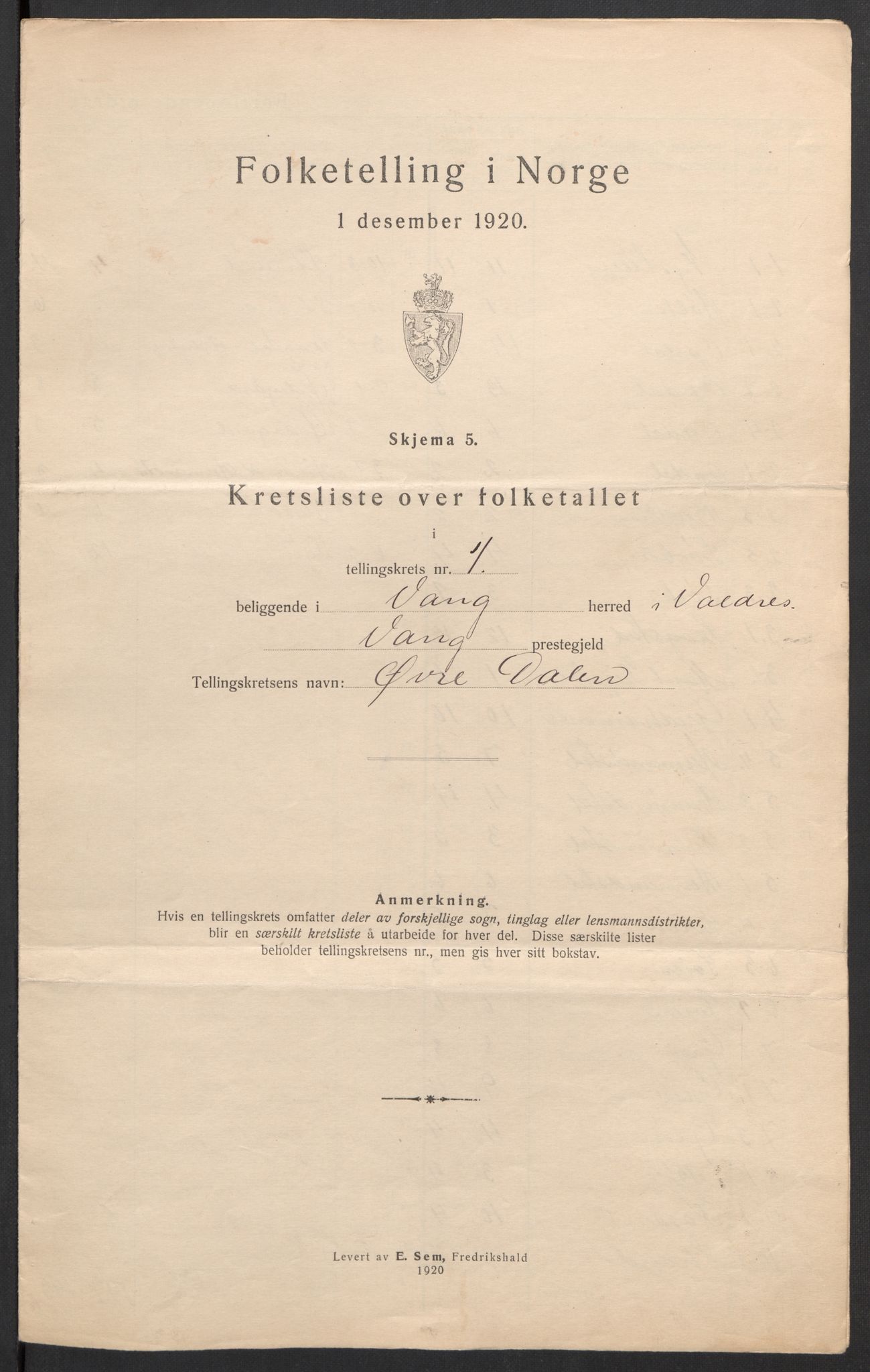 SAH, 1920 census for Vang (Oppland), 1920, p. 6