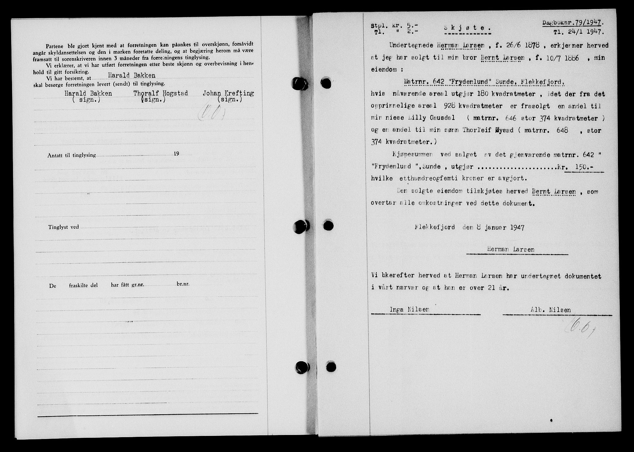 Flekkefjord sorenskriveri, AV/SAK-1221-0001/G/Gb/Gba/L0061: Mortgage book no. A-9, 1946-1947, Diary no: : 79/1947