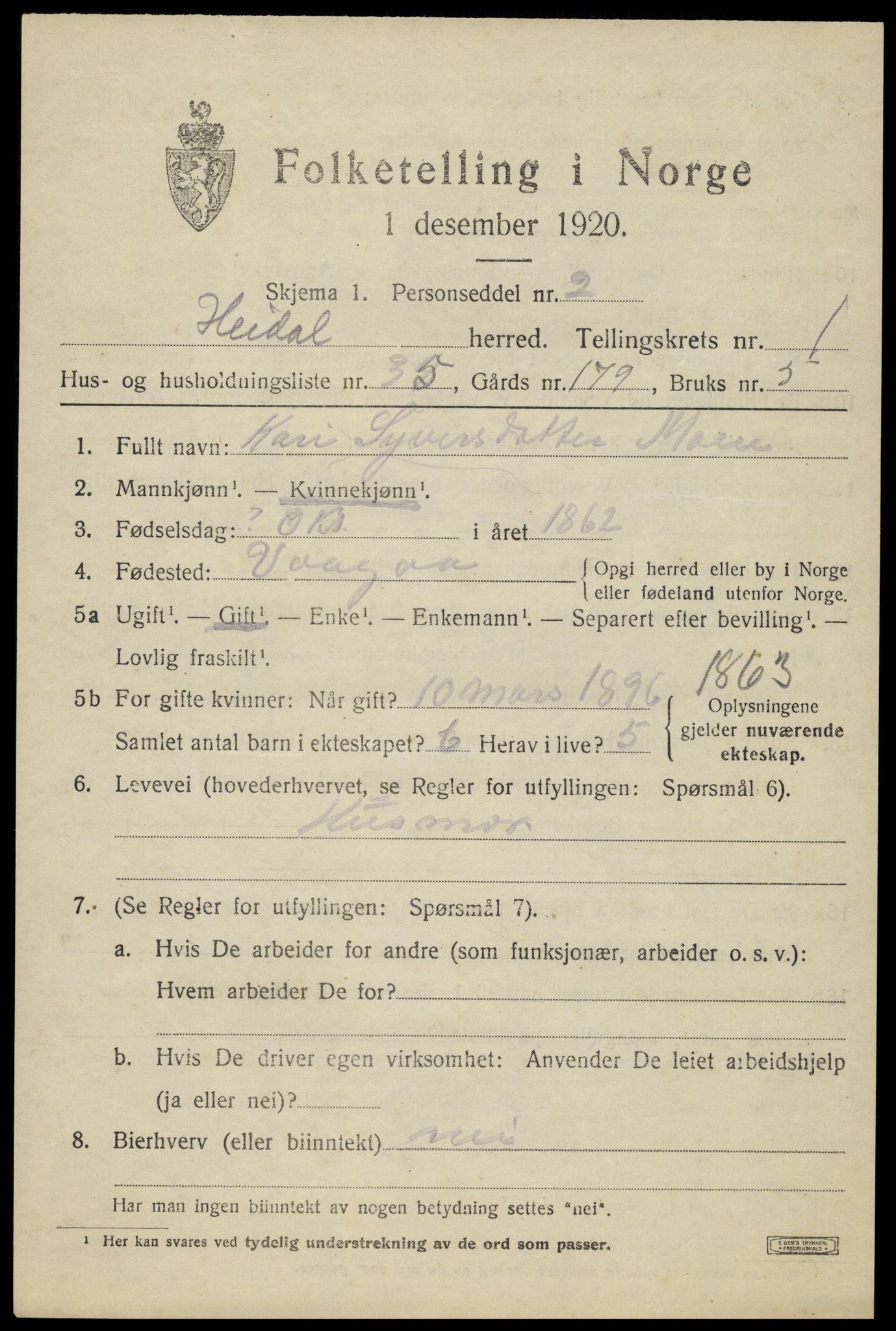 SAH, 1920 census for Heidal, 1920, p. 876