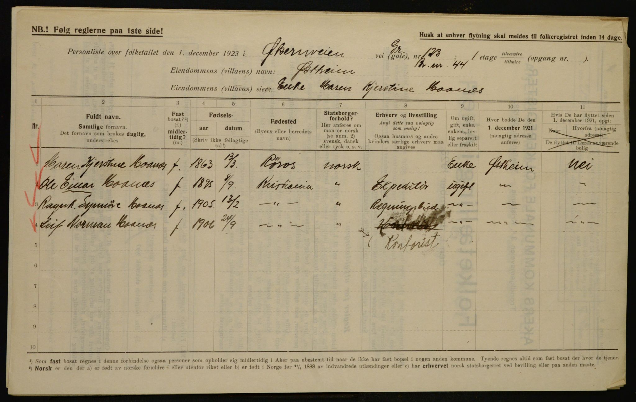 , Municipal Census 1923 for Aker, 1923, p. 36015