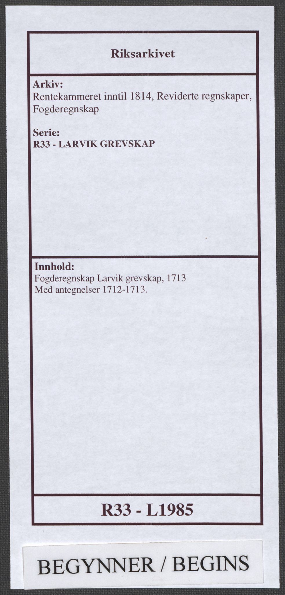 Rentekammeret inntil 1814, Reviderte regnskaper, Fogderegnskap, RA/EA-4092/R33/L1985: Fogderegnskap Larvik grevskap, 1713, p. 1