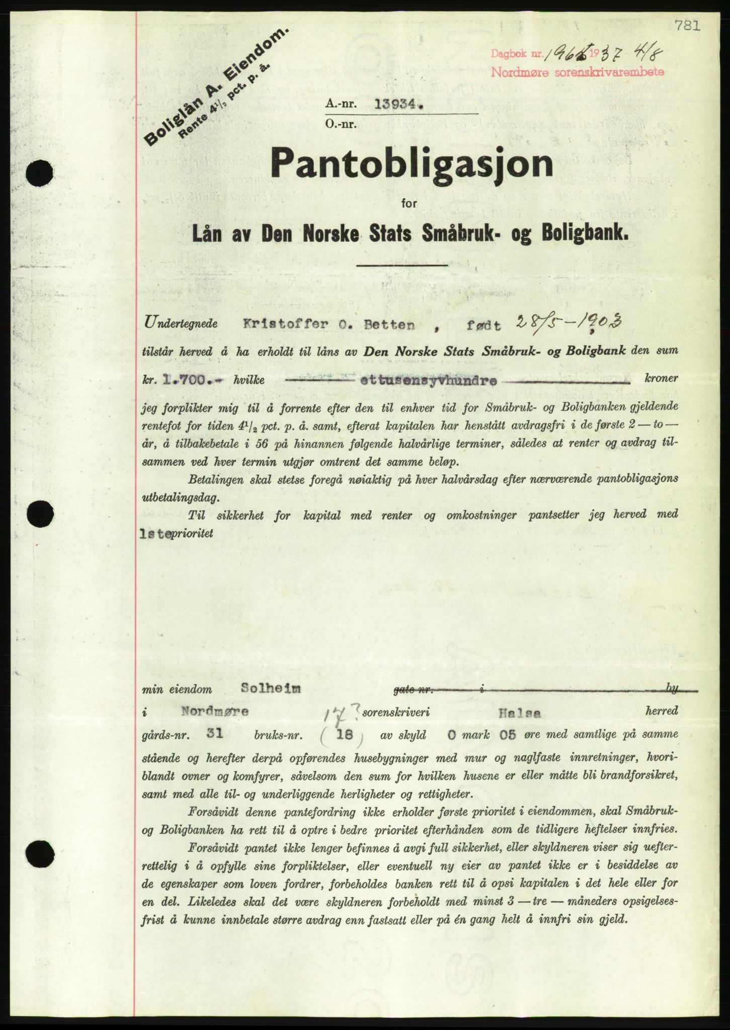 Nordmøre sorenskriveri, AV/SAT-A-4132/1/2/2Ca/L0091: Mortgage book no. B81, 1937-1937, Diary no: : 1964/1937