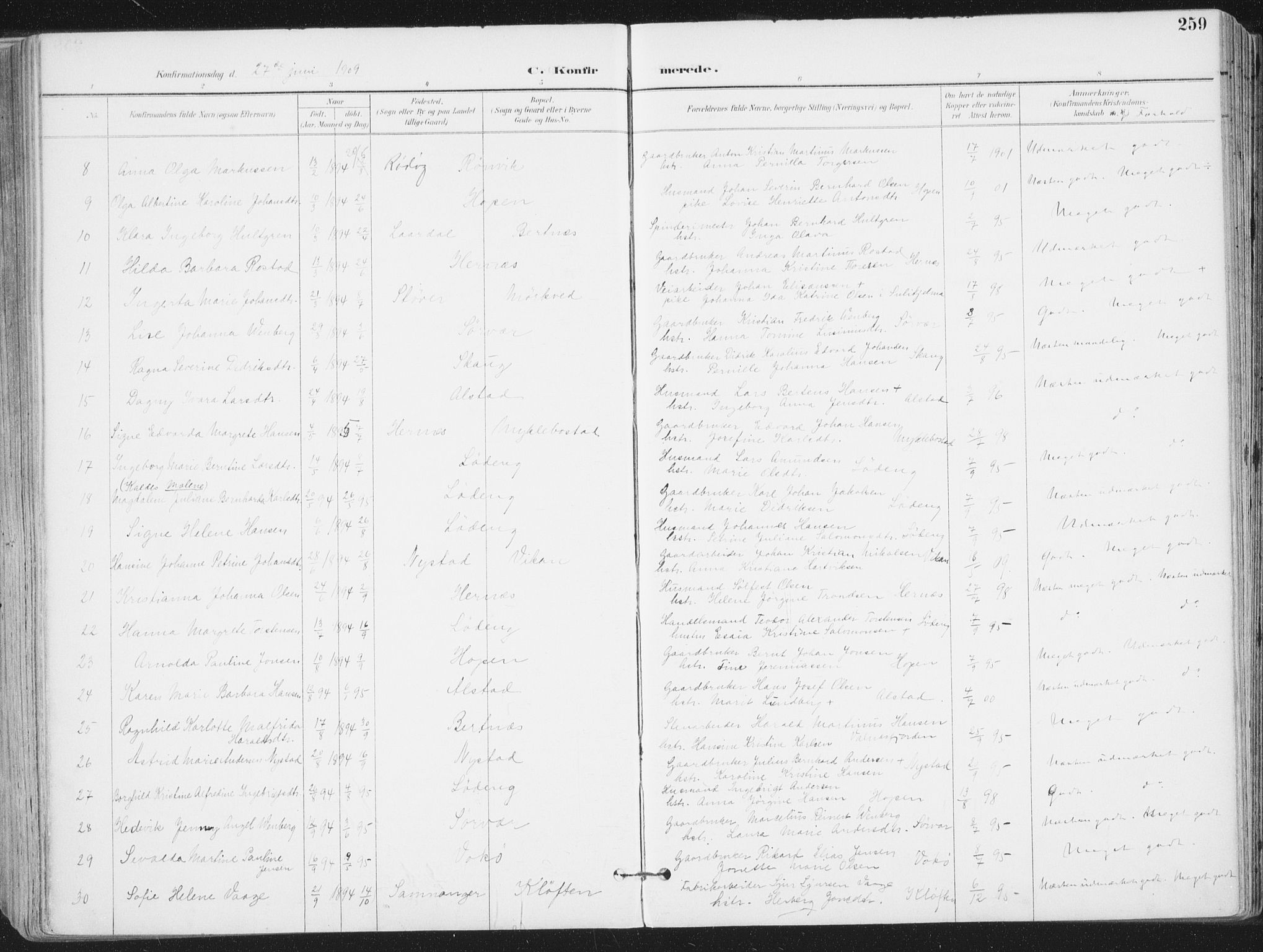 Ministerialprotokoller, klokkerbøker og fødselsregistre - Nordland, AV/SAT-A-1459/802/L0055: Parish register (official) no. 802A02, 1894-1915, p. 259