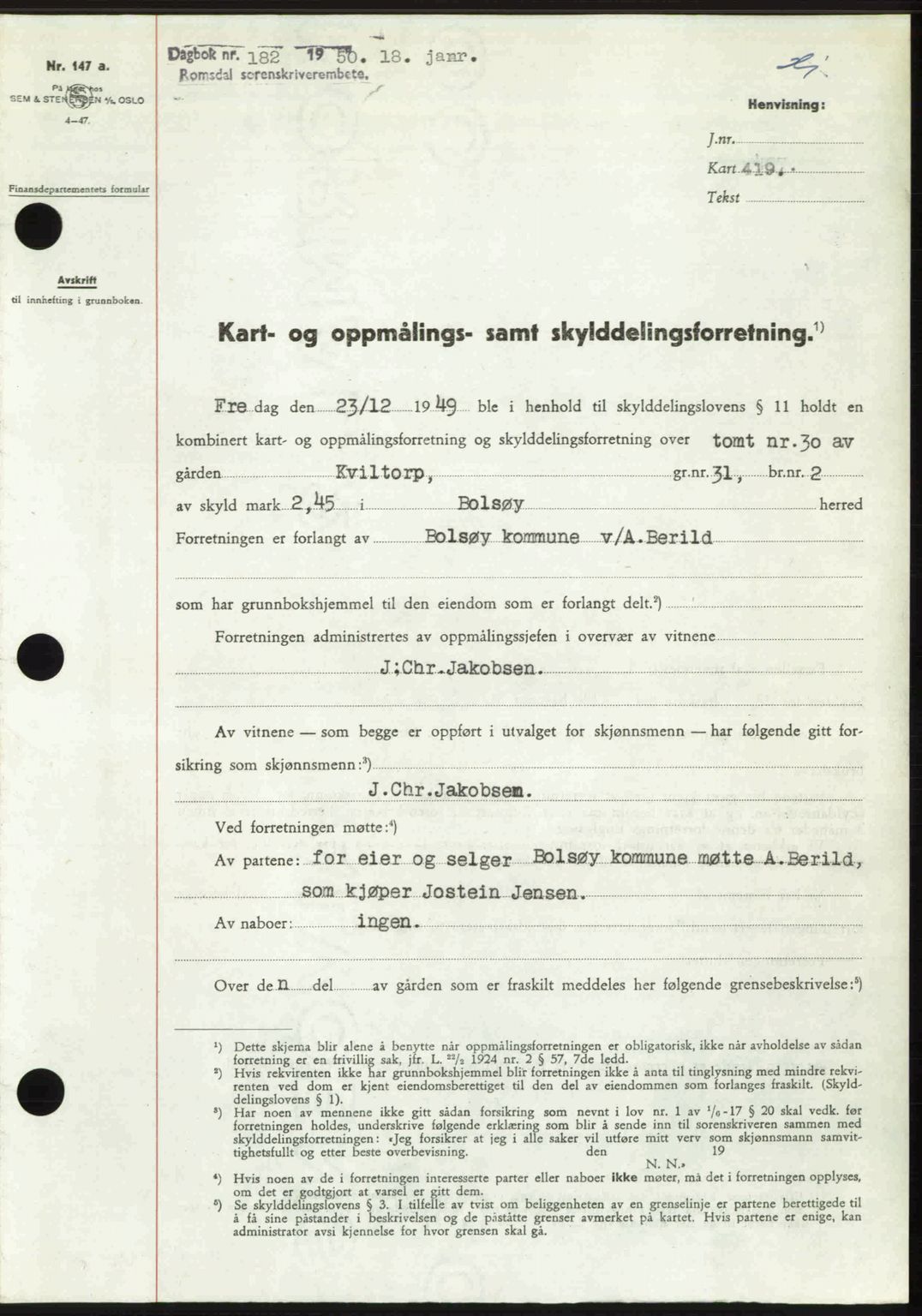 Romsdal sorenskriveri, AV/SAT-A-4149/1/2/2C: Mortgage book no. A32, 1950-1950, Diary no: : 182/1950