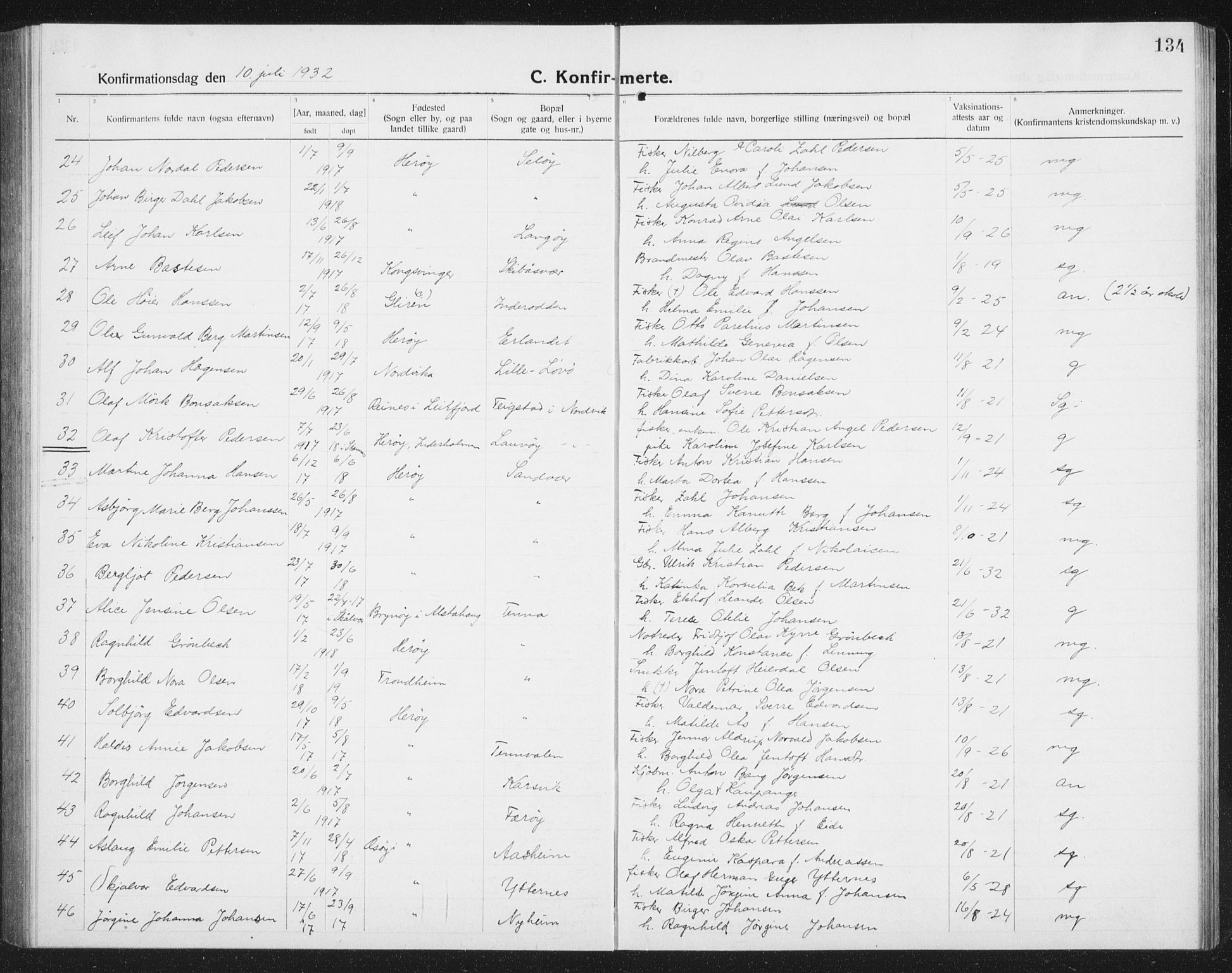 Ministerialprotokoller, klokkerbøker og fødselsregistre - Nordland, SAT/A-1459/834/L0517: Parish register (copy) no. 834C07, 1919-1939, p. 134