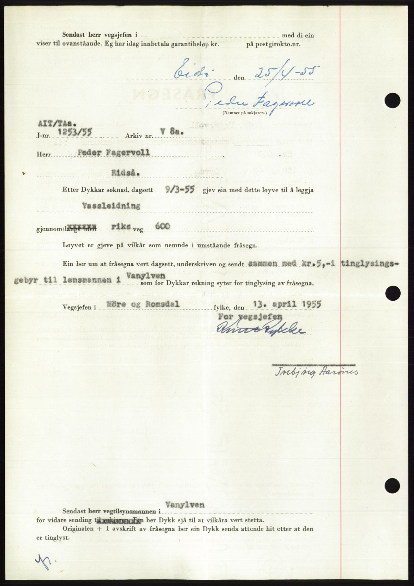 Søre Sunnmøre sorenskriveri, AV/SAT-A-4122/1/2/2C/L0100: Mortgage book no. 26A, 1954-1955, Diary no: : 931/1955