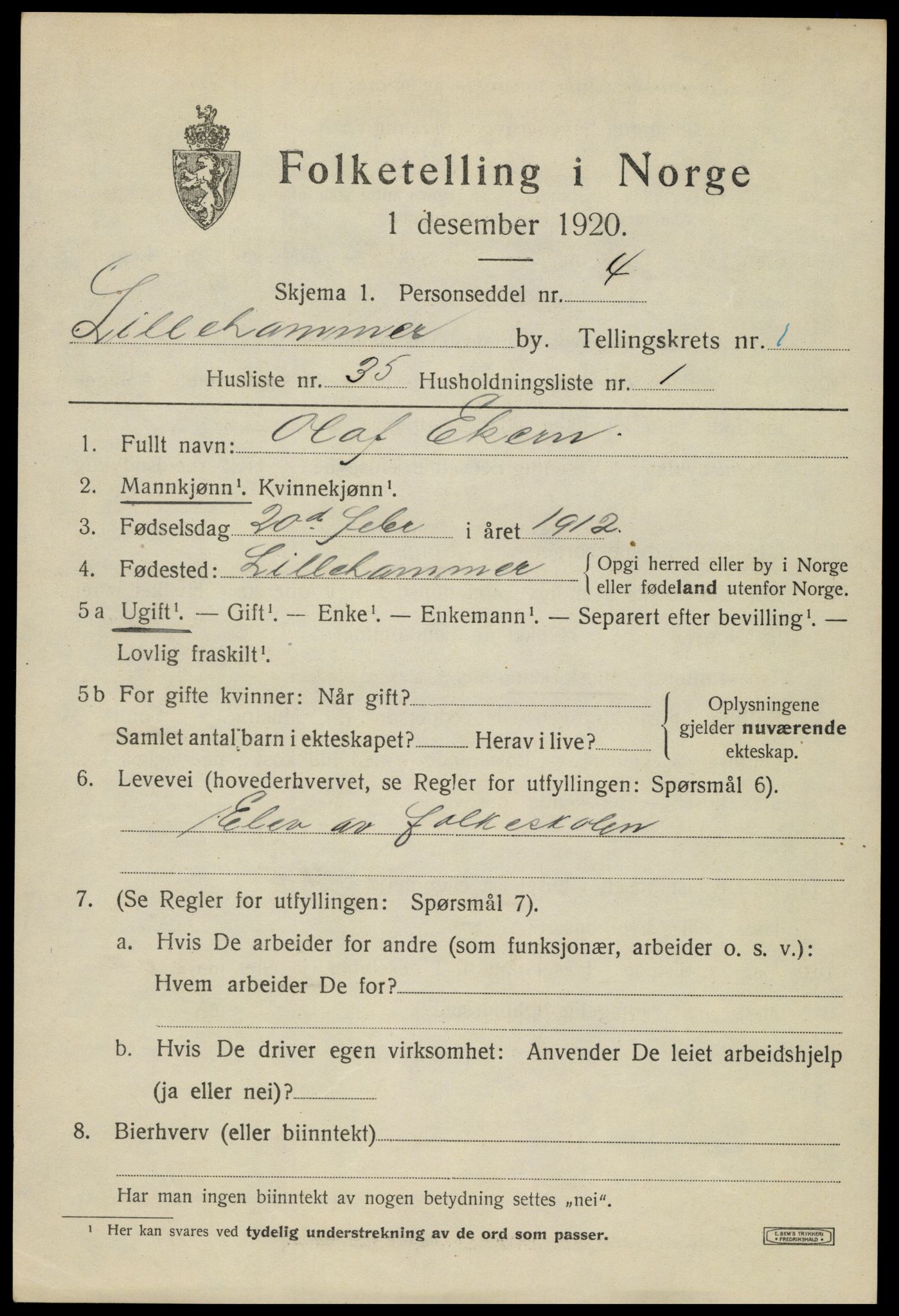 SAH, 1920 census for Lillehammer, 1920, p. 4222