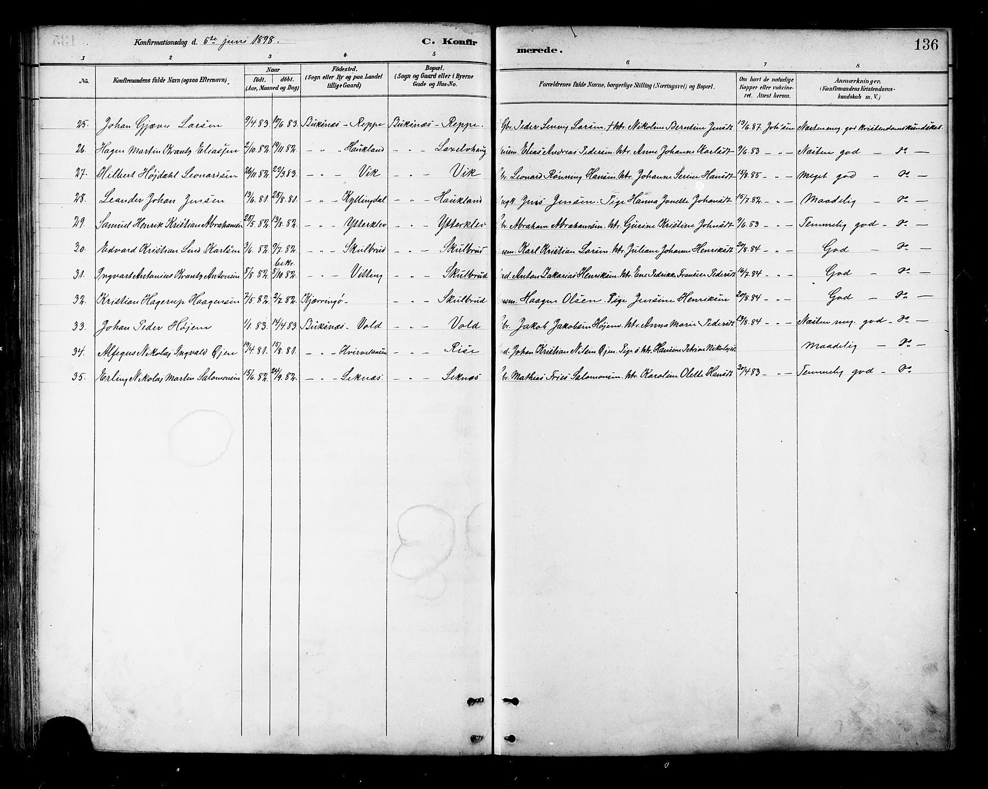 Ministerialprotokoller, klokkerbøker og fødselsregistre - Nordland, AV/SAT-A-1459/881/L1167: Parish register (copy) no. 881C04, 1886-1899, p. 136