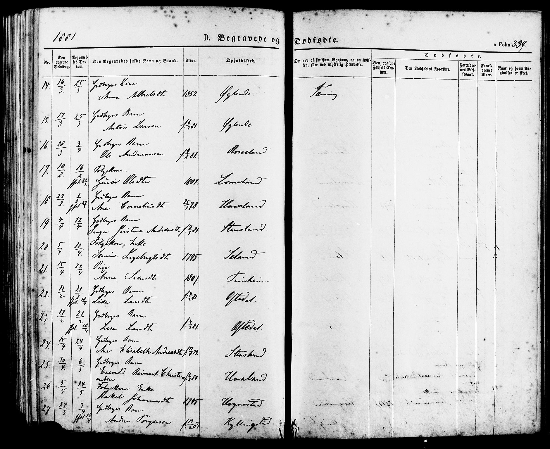 Lye sokneprestkontor, AV/SAST-A-101794/001/30BA/L0008: Parish register (official) no. A 7, 1872-1881, p. 339