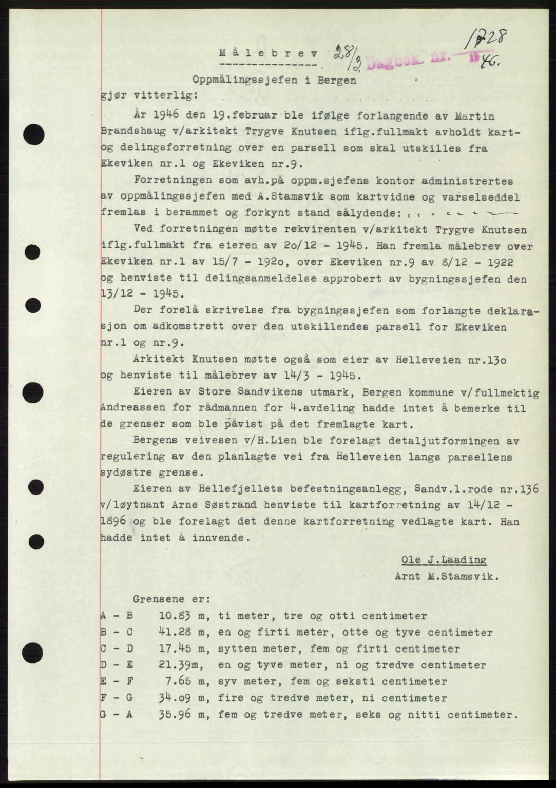 Byfogd og Byskriver i Bergen, SAB/A-3401/03/03Bc/L0022: Mortgage book no. A18, 1946-1946, Diary no: : 1728/1946