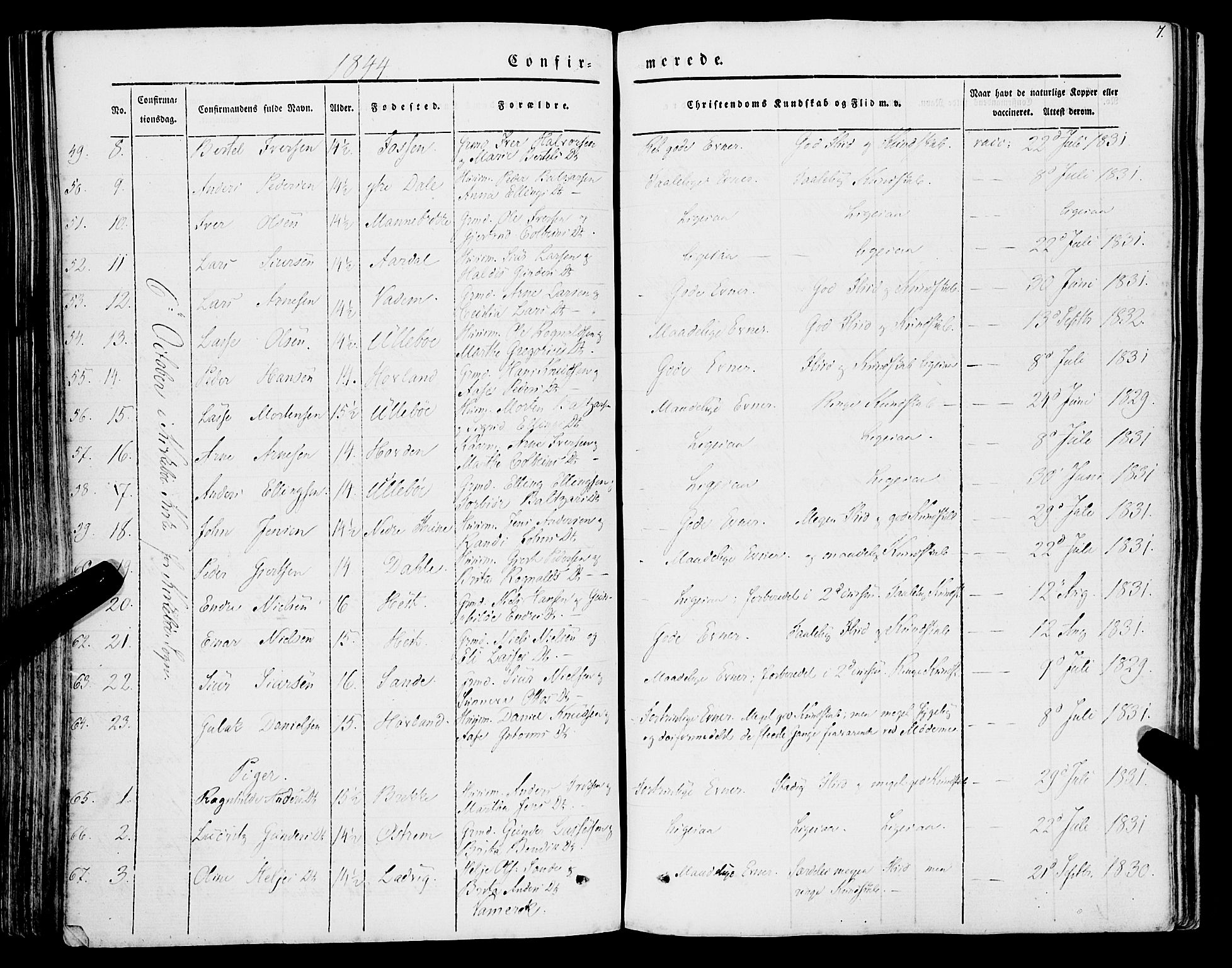 Lavik sokneprestembete, AV/SAB-A-80901: Parish register (official) no. A 3, 1843-1863, p. 7