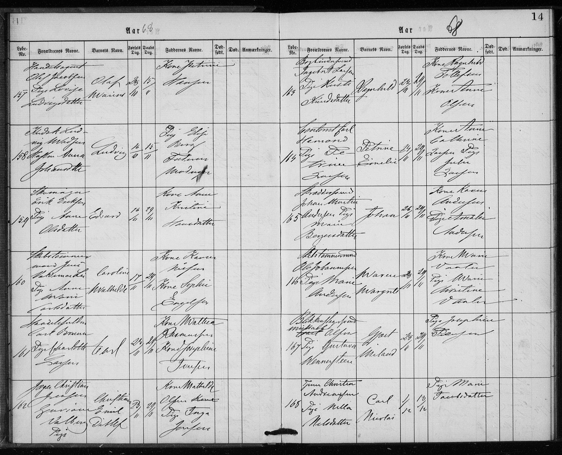 Rikshospitalet prestekontor Kirkebøker, AV/SAO-A-10309b/K/L0002/0003: Baptism register no. 2.3, 1868-1876, p. 14