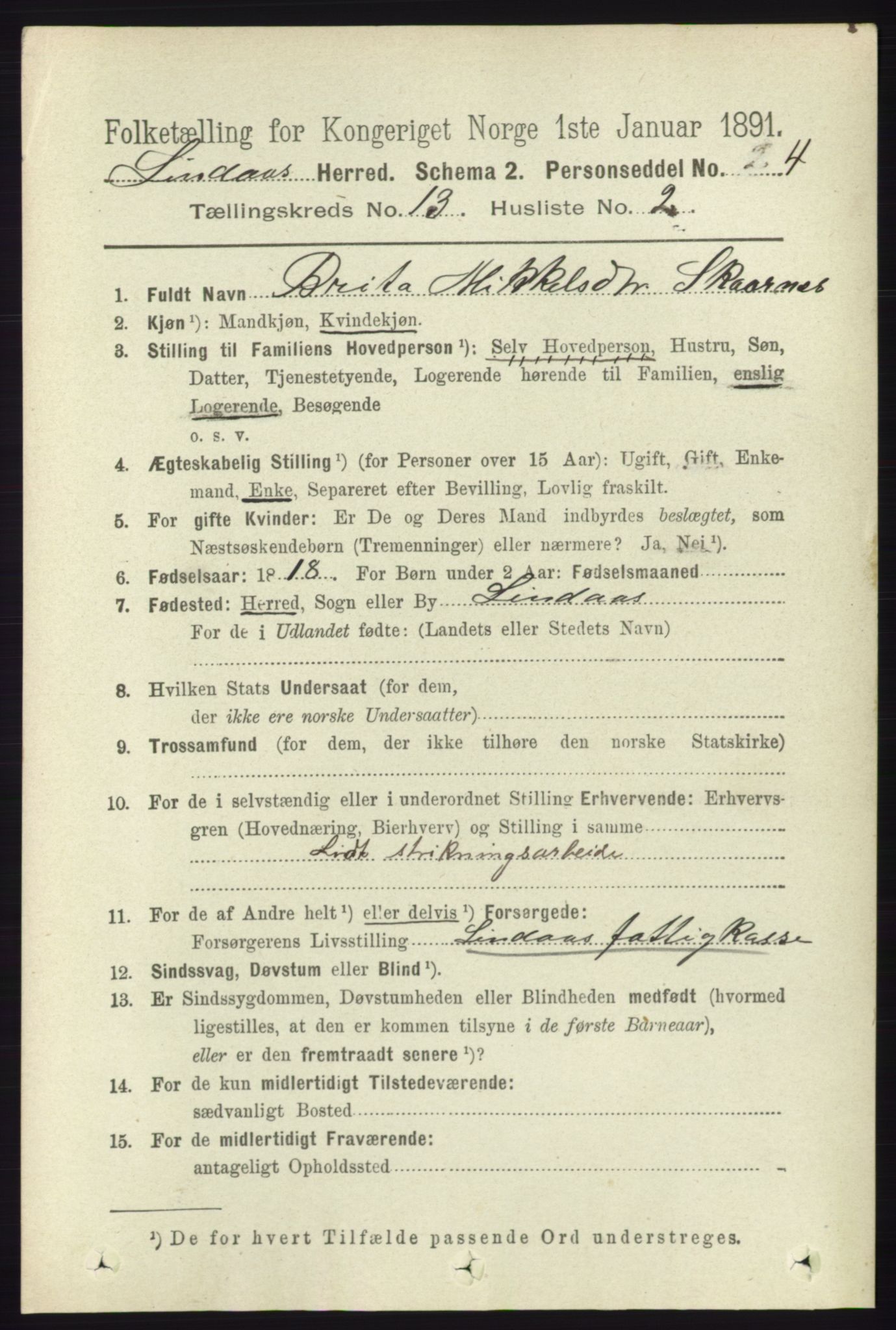 RA, 1891 census for 1263 Lindås, 1891, p. 4555