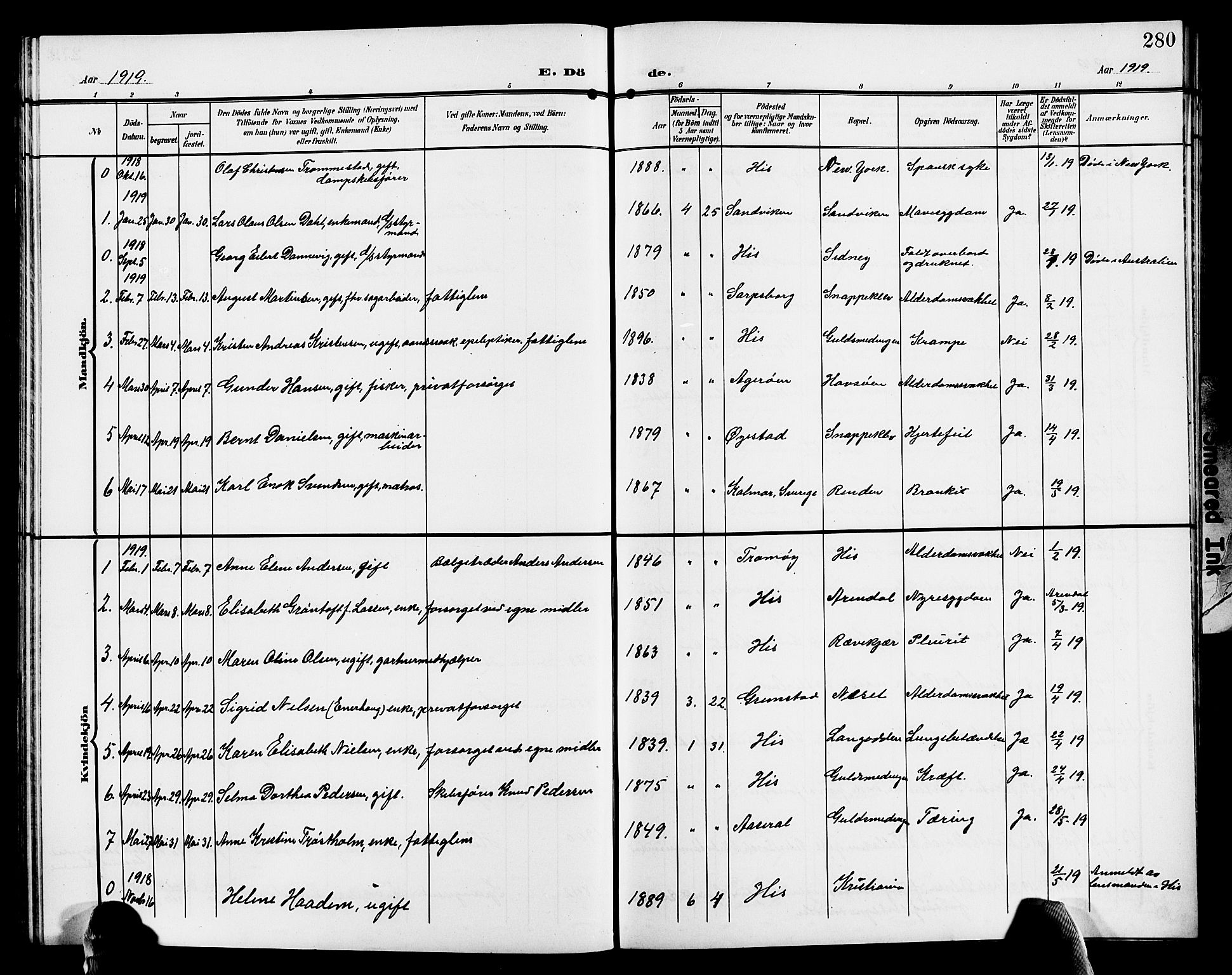 Hisøy sokneprestkontor, AV/SAK-1111-0020/F/Fb/L0004: Parish register (copy) no. B 4, 1905-1923, p. 280