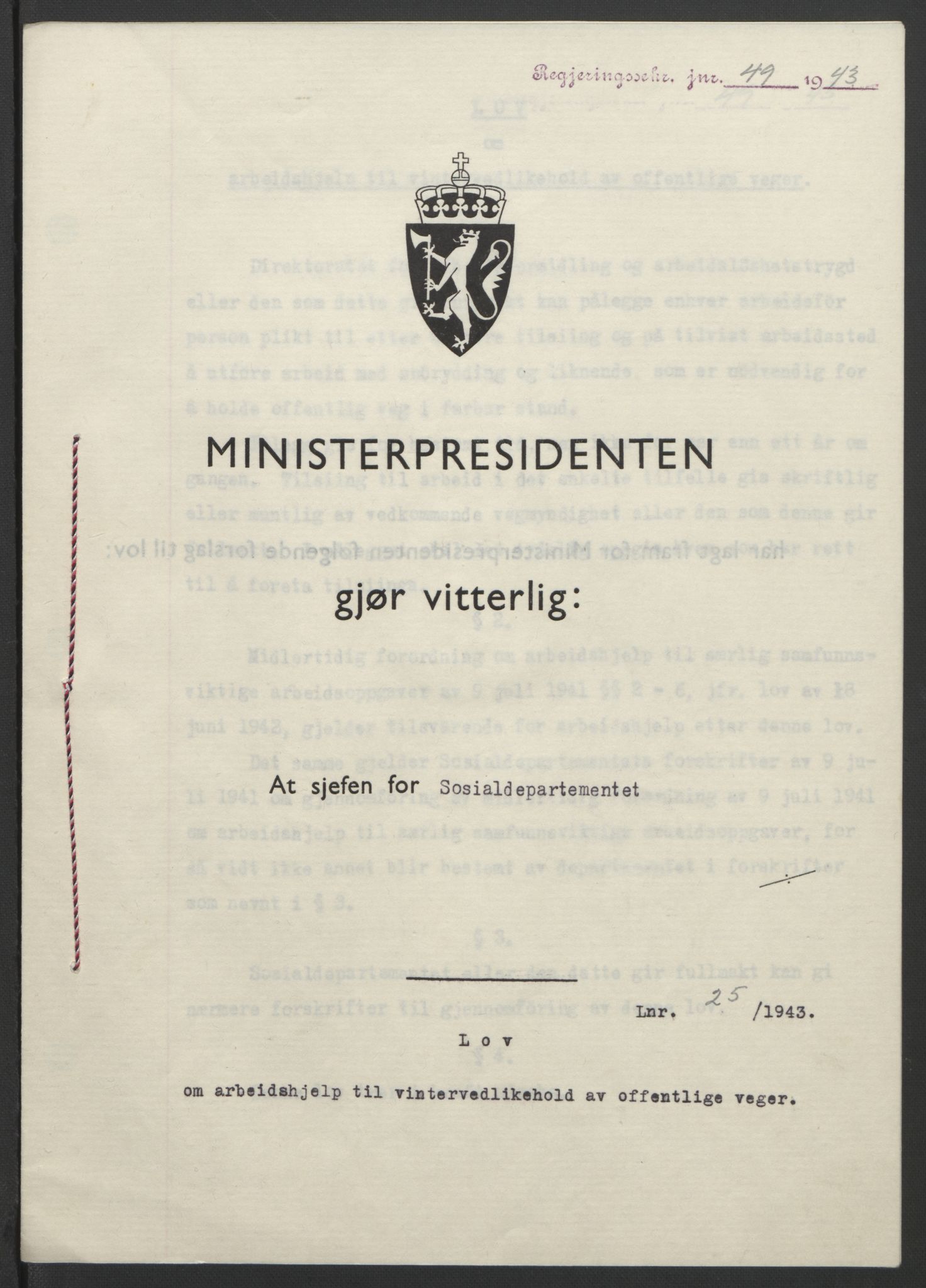 NS-administrasjonen 1940-1945 (Statsrådsekretariatet, de kommisariske statsråder mm), AV/RA-S-4279/D/Db/L0099: Lover, 1943, p. 101