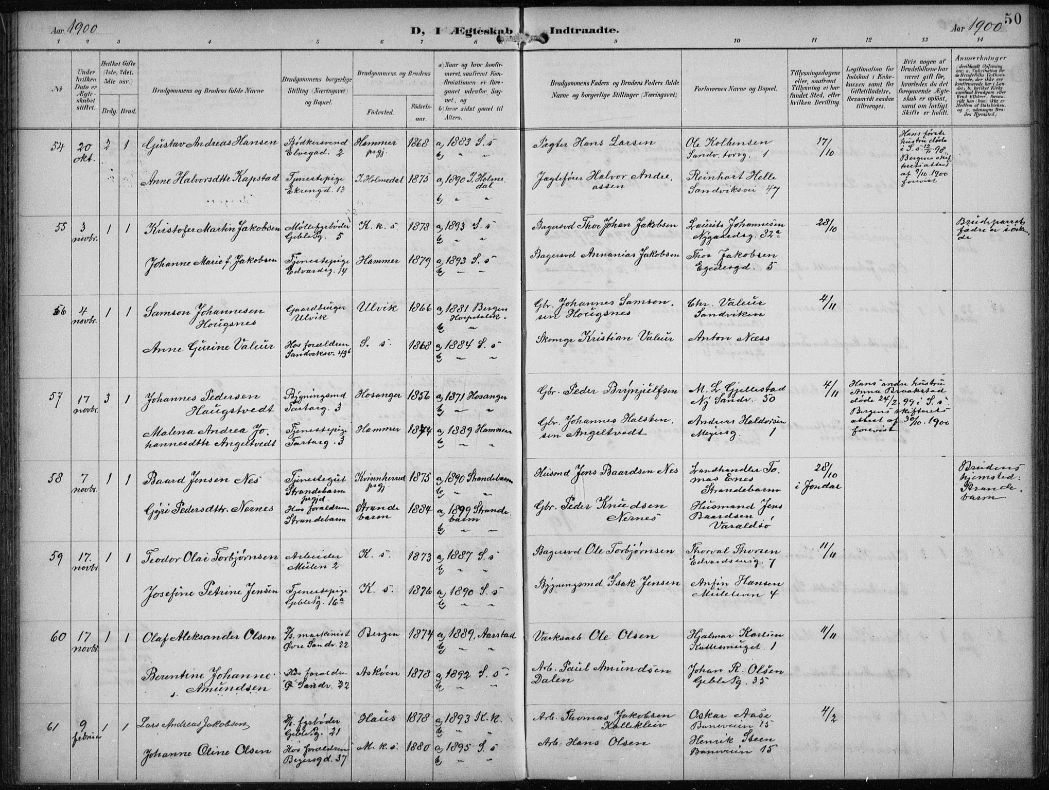 Sandviken Sokneprestembete, SAB/A-77601/H/Ha/L0014: Parish register (official) no. D 1, 1896-1911, p. 50