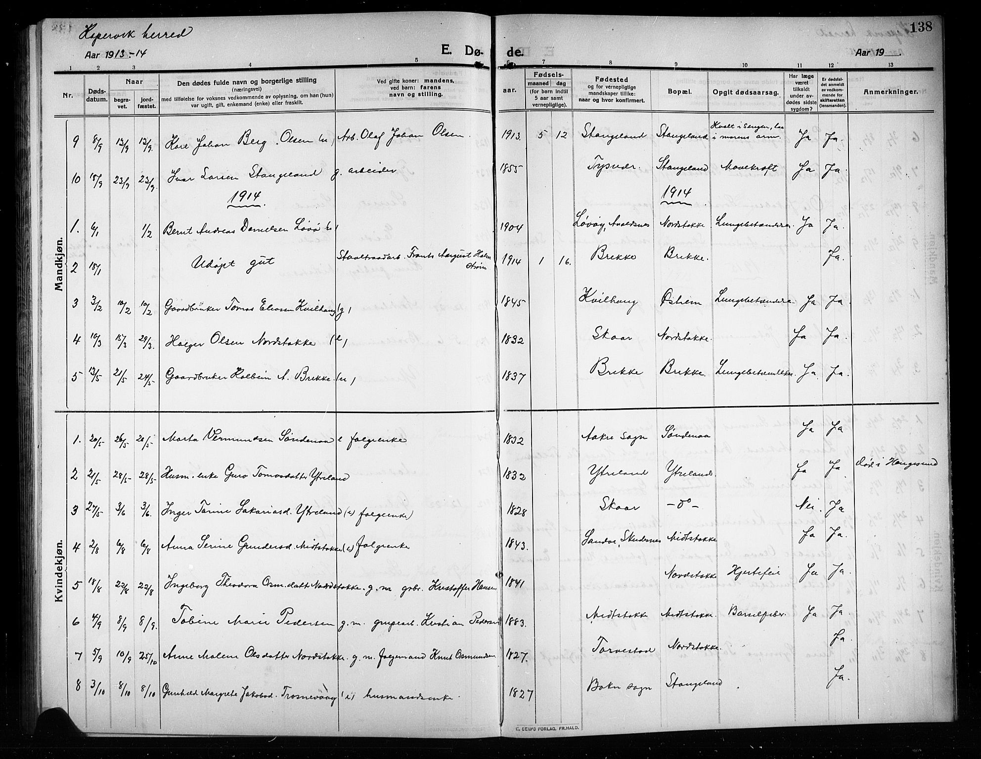 Kopervik sokneprestkontor, SAST/A-101850/H/Ha/Hab/L0005: Parish register (copy) no. B 5, 1909-1918, p. 138