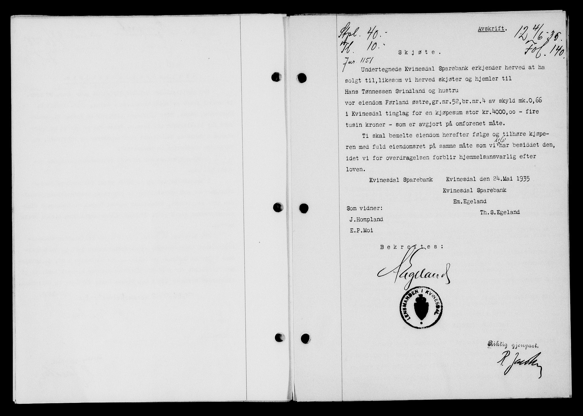 Flekkefjord sorenskriveri, SAK/1221-0001/G/Gb/Gba/L0052: Mortgage book no. 48, 1935-1936, Deed date: 04.06.1935