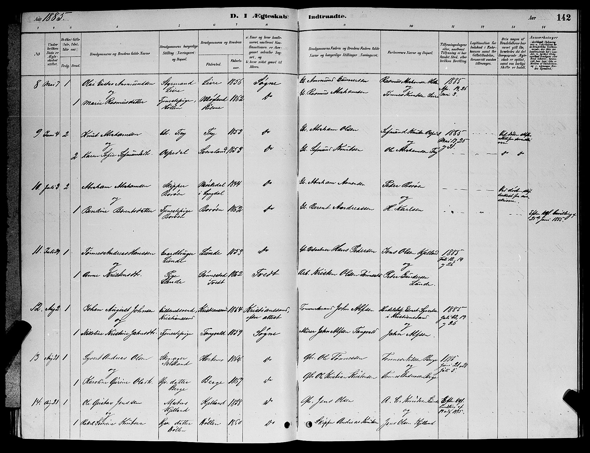Søgne sokneprestkontor, SAK/1111-0037/F/Fb/Fbb/L0005: Parish register (copy) no. B 5, 1884-1891, p. 142