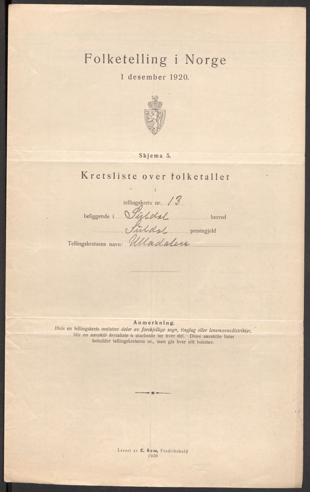 SAST, 1920 census for Suldal, 1920, p. 43