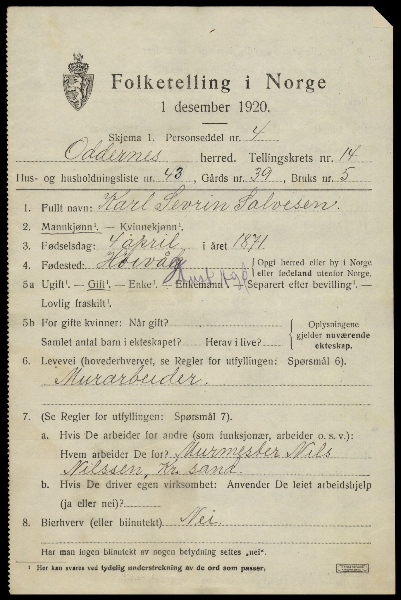 SAK, 1920 census for Oddernes, 1920, p. 8963